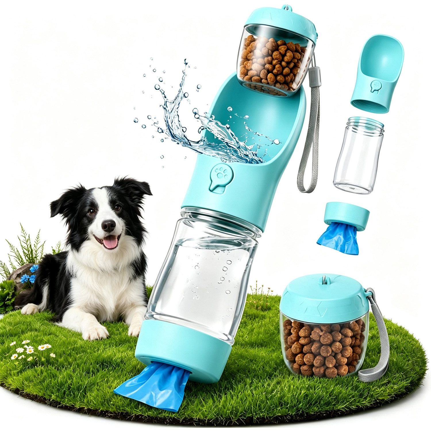 TUWENA Hunde-Futterautomat 3 in 1 Hund Trinkflasche für unterwegs, 300 ml Hundewasserflasche, 3-in-1 (Futter, Kotbeutel), auslaufsicher, Einhandbedienung, BPA-frei von TUWENA