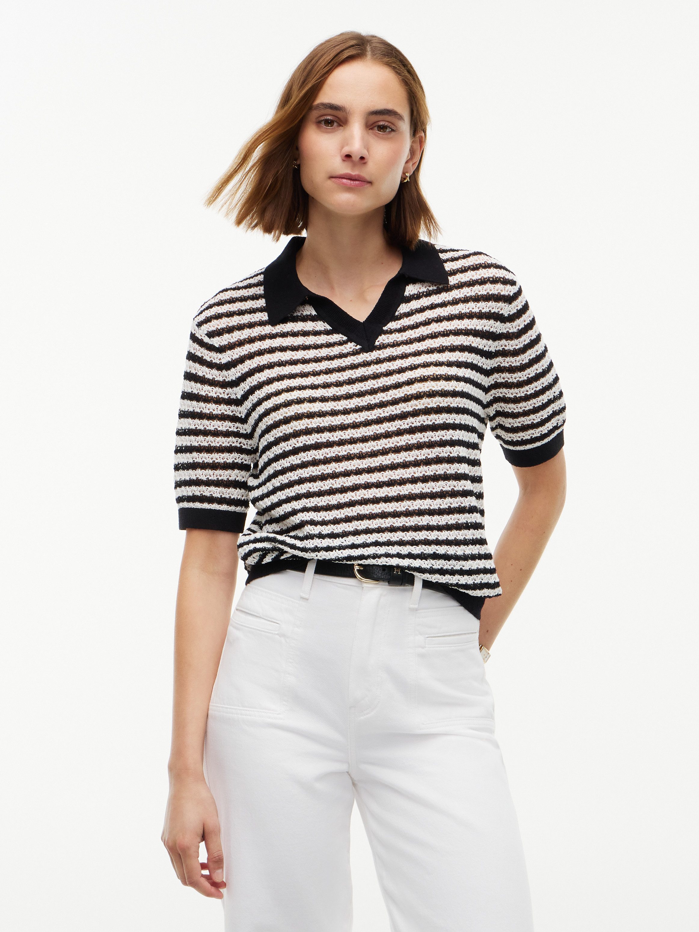 Tommy Hilfiger Polokragenpullover POINTELLE V-NK POLO SS Baumwollmischung, Polokragen