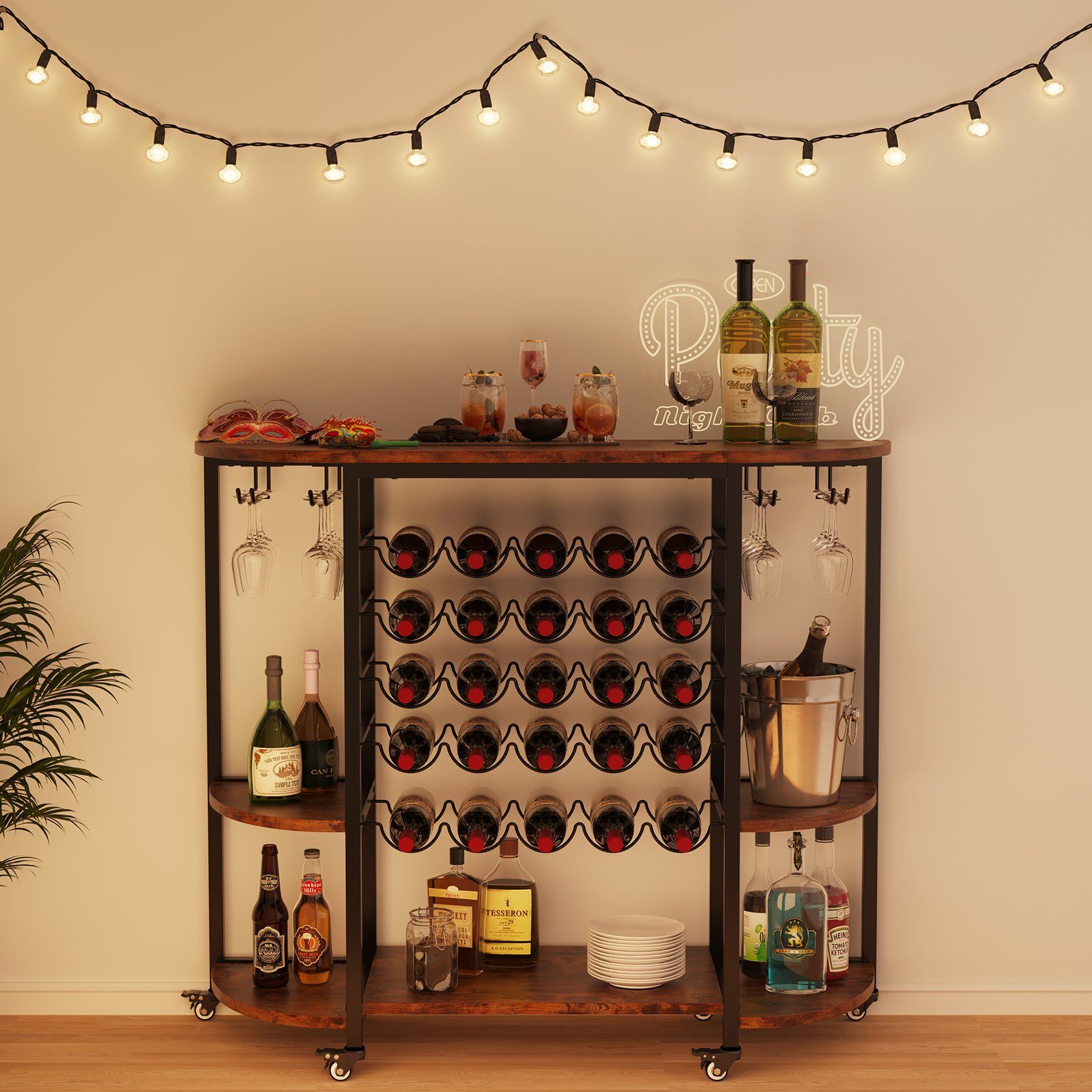 Dripex Weinregal Weinschrank auf Rollen für 25 Flaschen mit Glashalter und Tischplatte