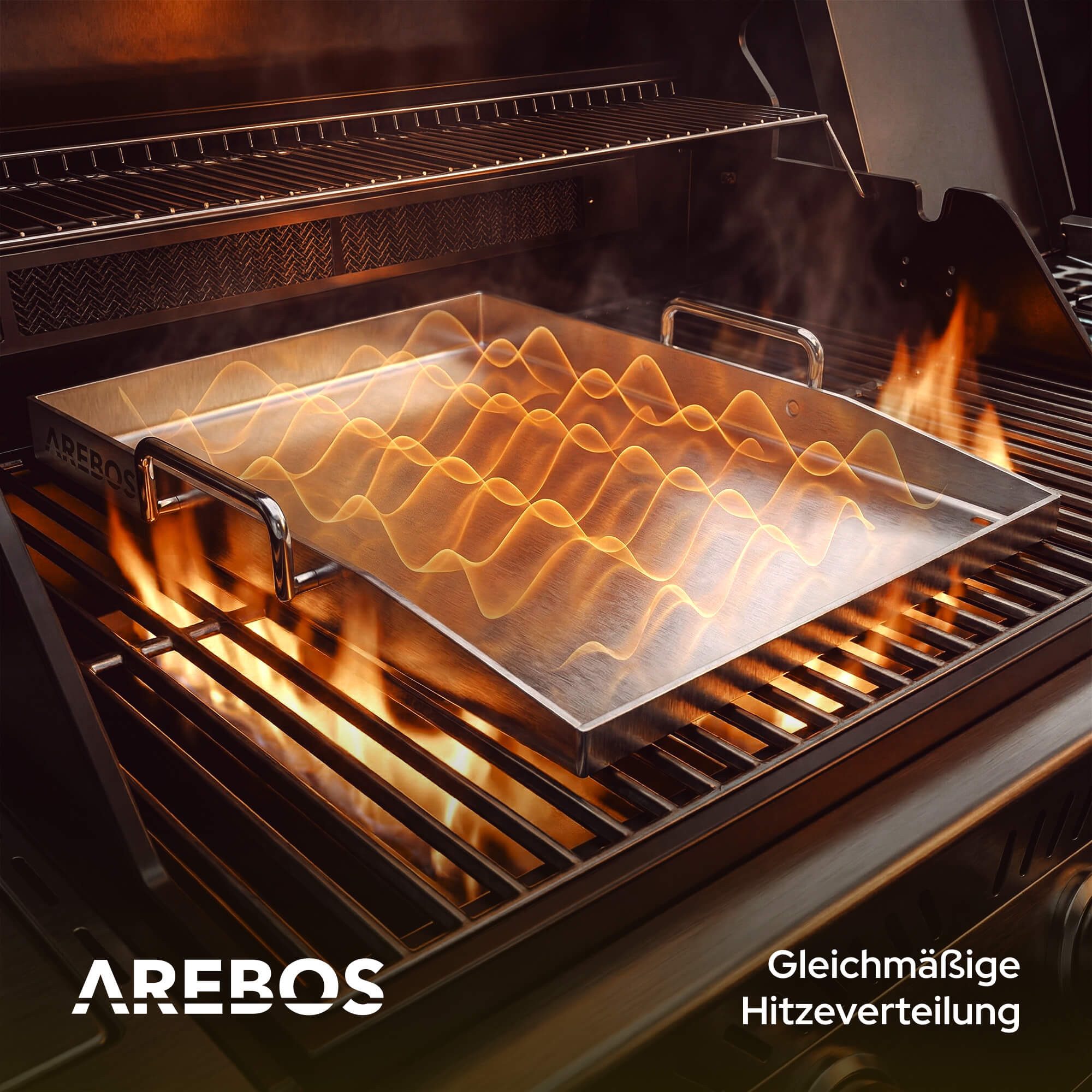 Arebos Grillplatte Edelstahle Grillplatte 40x30 cm Plancha für Gas & BBQ (Set), Fettablauf, versiegelte Kanten, inkl. Zubehör, vielseitig einsetzbar – Bild 4 von 5