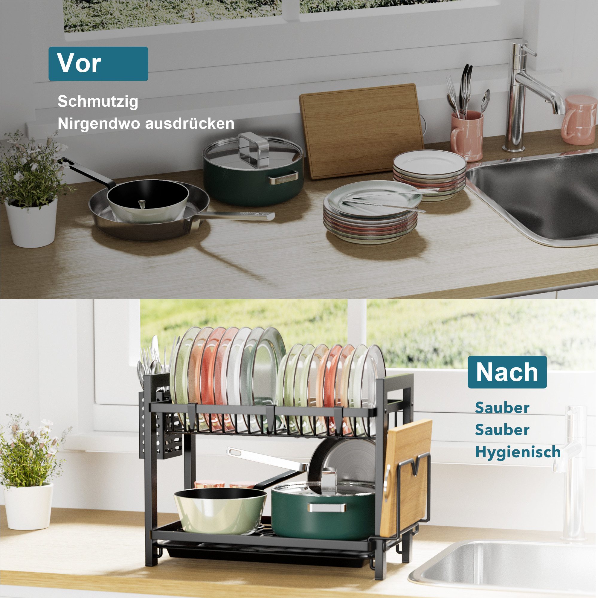 niffgaff Geschirrständer 2-stufiges Geschirrabtropfgestell mit Abtropfschale, elegant und hygienisch für Geschirr und Küchenutensilien – Bild 4 von 5