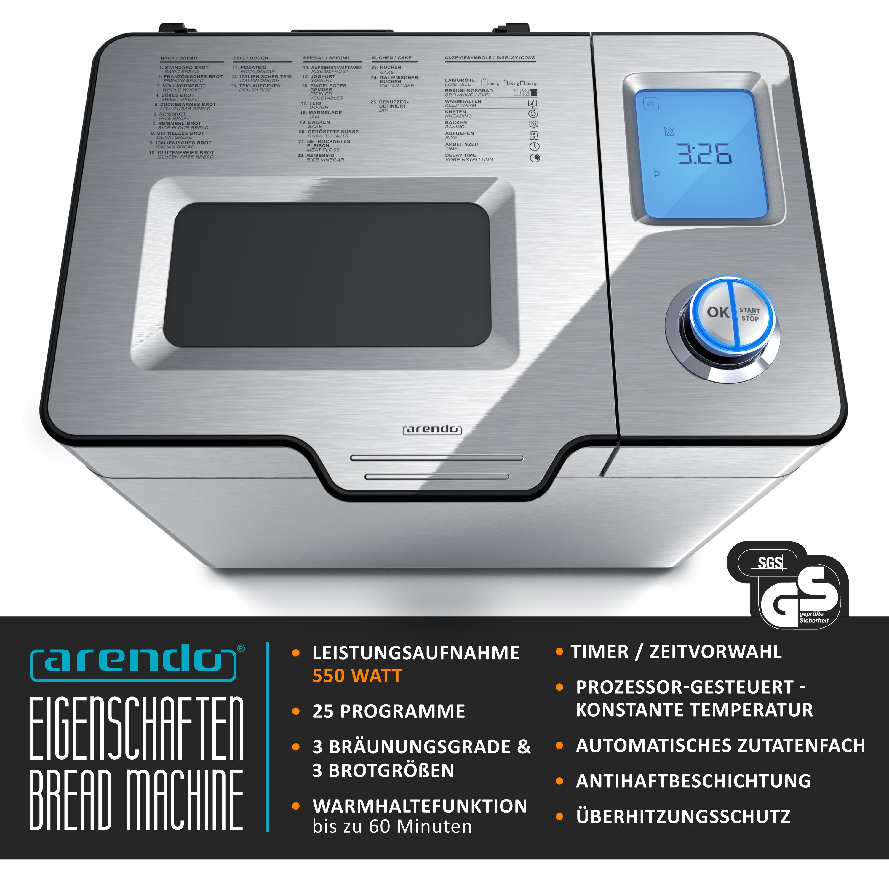 Arendo Brotbackautomat Brotbackautomat 25 Programme, automatisches Zutatenfach, 1kg Kapazität, 25 Programme, 550 W, glutenfreies Backen, Joghurtfunktion, BPA-frei, Direktantrieb