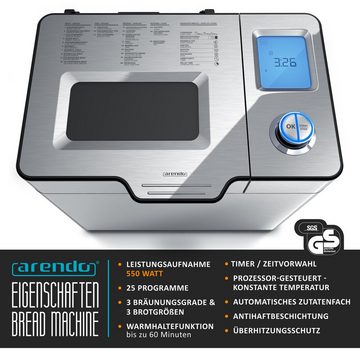 Arendo Brotbackautomat, 25 Programme, 550 W, Brotbackmaschine, automatisches Zutatenfach, 25 Programme