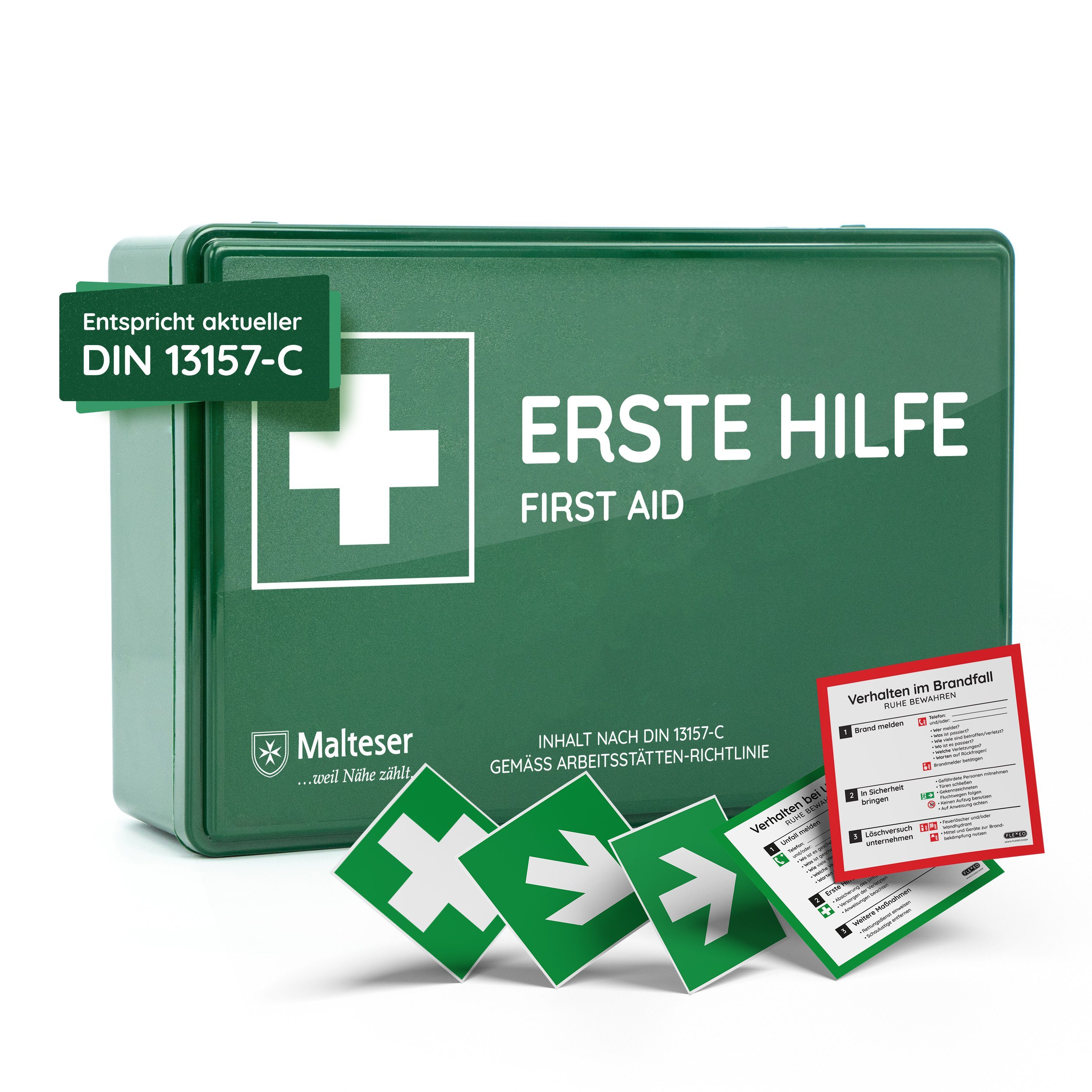 FLEXEO Erste-Hilfe-Koffer DIN 13157, (1 St), Betriebsverbandkasten inkl. Wandhalterung, grün
