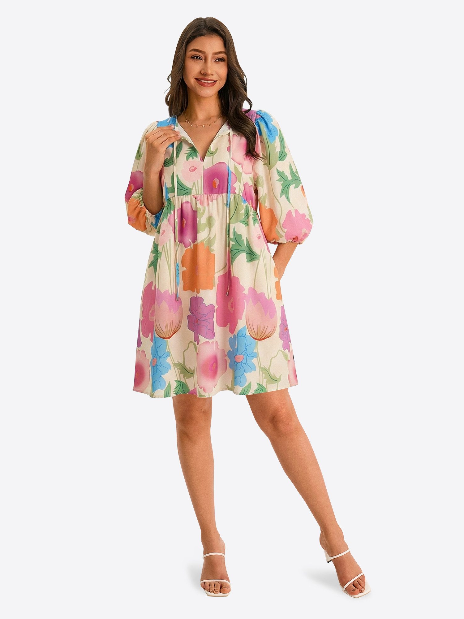 Imily Bela Babydollkleid Damen bedrucktes lockeres Urlaubskleid (Packung, 1-tlg., 1per-Pack) mit Kordelzug