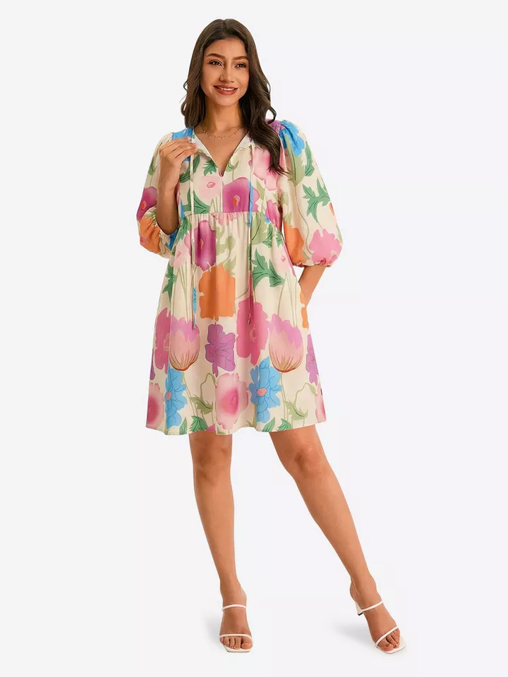 Imily Bela Babydollkleid Damen bedrucktes lockeres Urlaubskleid (Packung, 1-tlg., 1per-Pack) mit Kordelzug