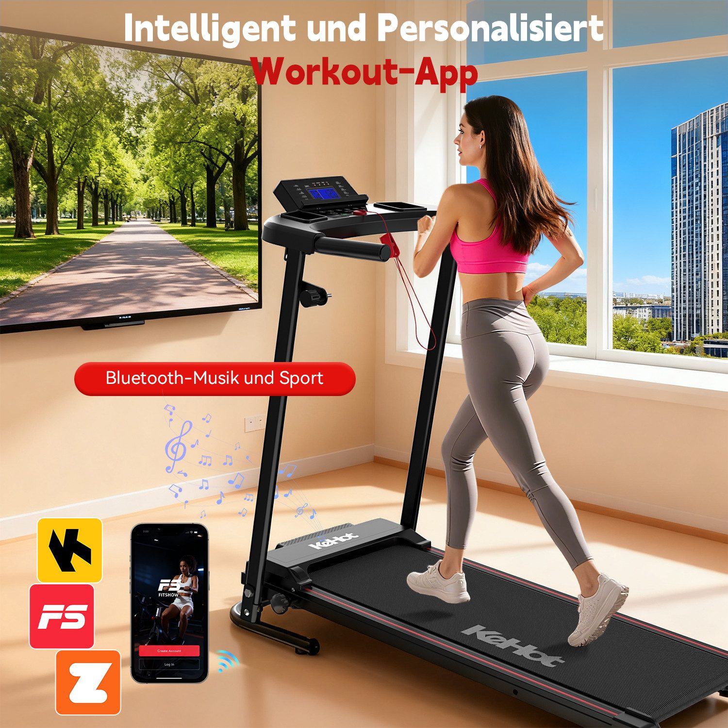 kehot Laufband Klappbares Laufband für Zuhause – 1–12 km/h & Bluetooth (8% Steigung für intensiveres Walking und Cardio, Stoßdämpfendes Laufsystem für angenehmeres Training), Platzsparendes Home-Gym Laufband mit Handlauf