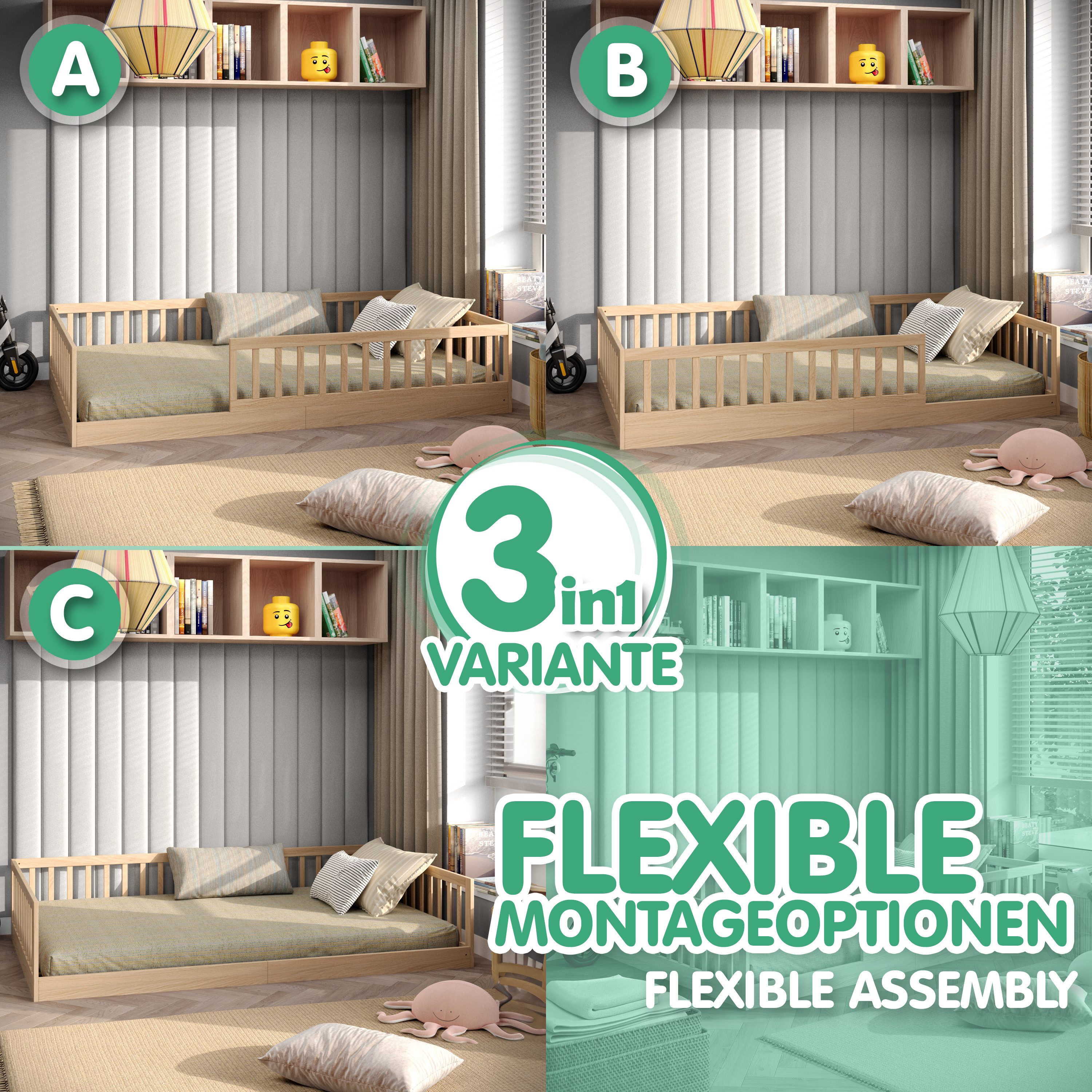 CADANI Kinderbett Timi Bodenbett bis 200 kg belastbar mit abnehmbarem Rausfallschutz (120x200 cm, Montessori Kinder- & Jugendbett aus Kiefer Massivholz), inkl. stabilem Roll-Lattenrost, Natur
