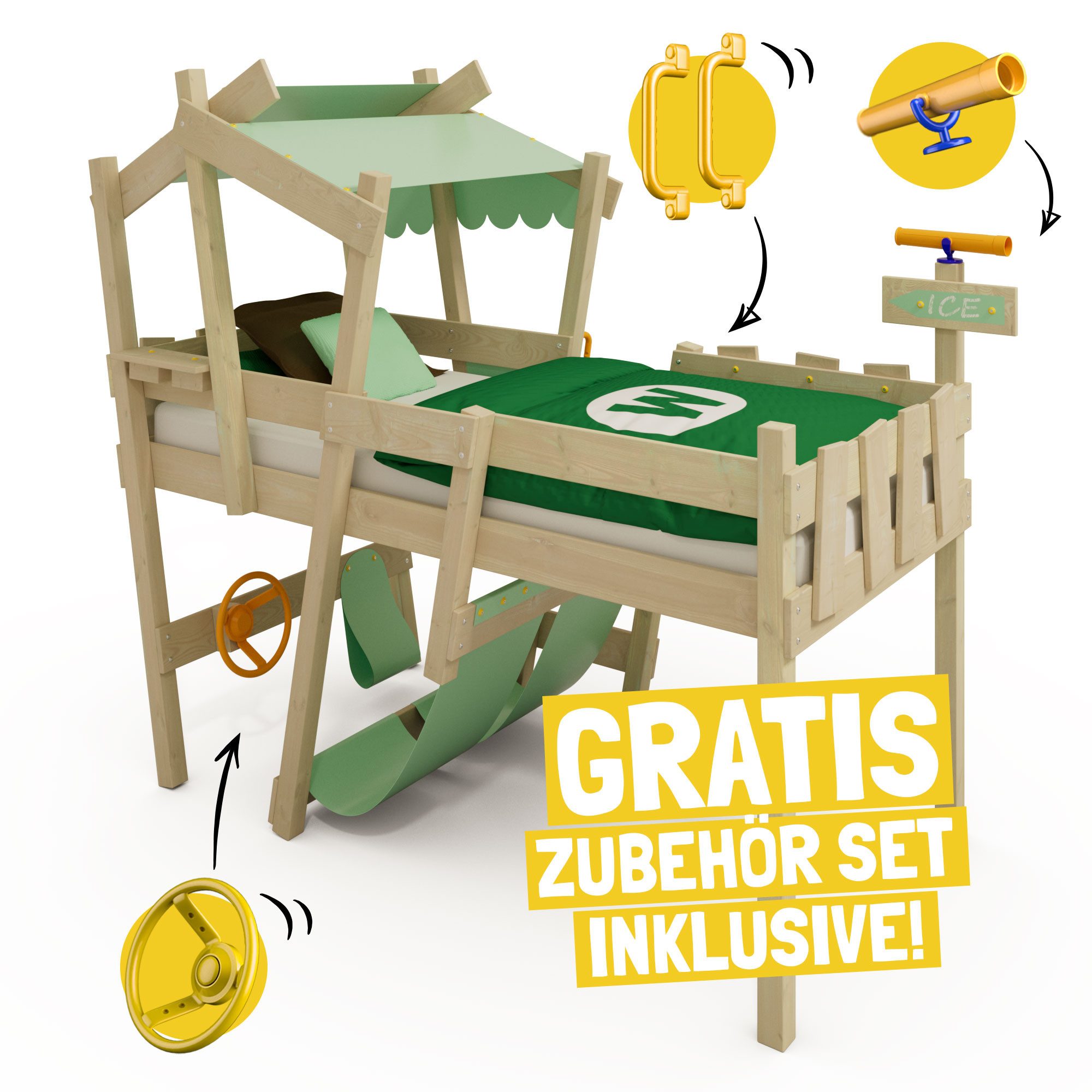 Wickey Kinderbett CrAzY Snuggy Massivholz-Hochbett mit Leiter, Lenker & Rut günstig online kaufen