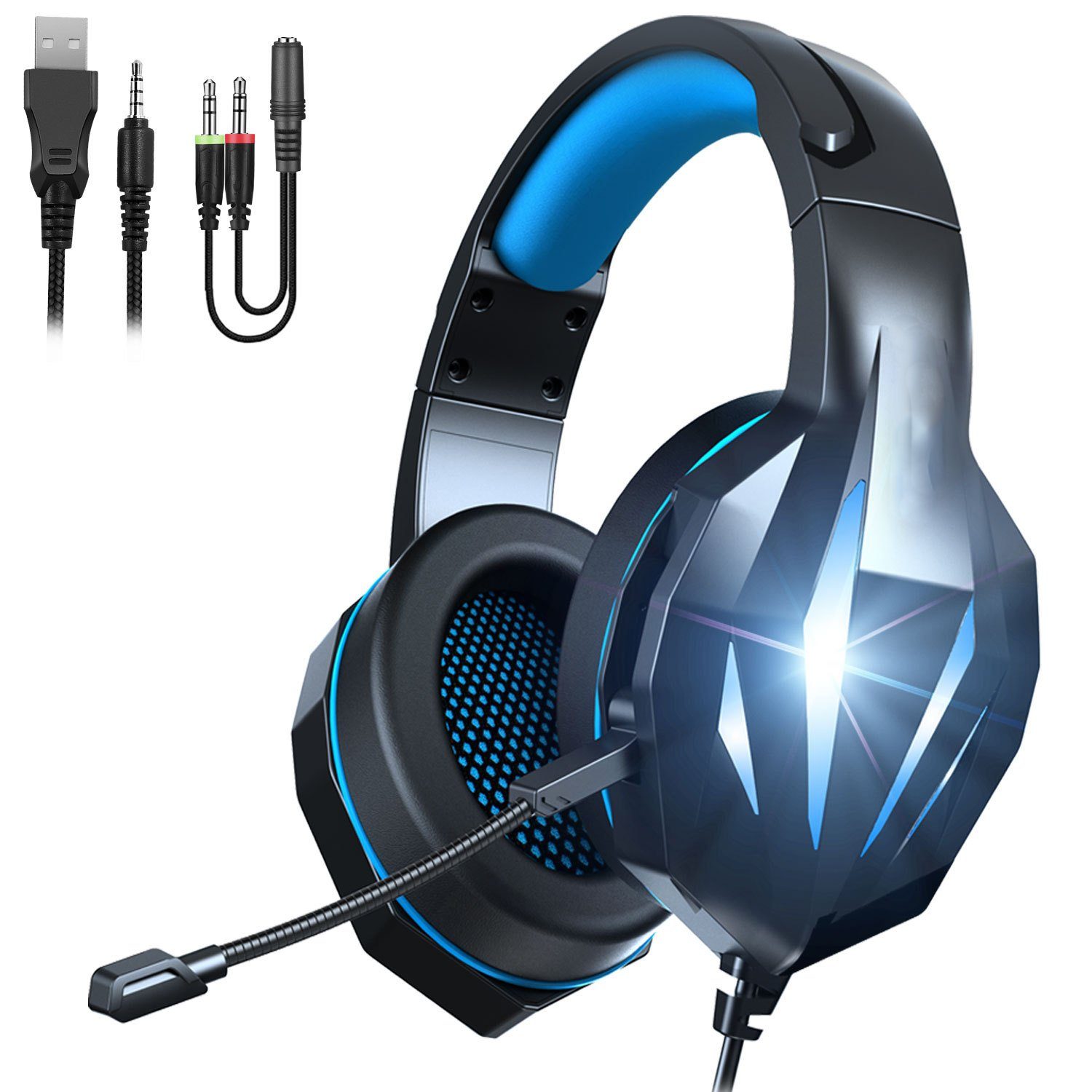 Housruse Gaming-Headset mit Mikrofon 3D Surround Noise Cancelling RGB-Licht  Headset
