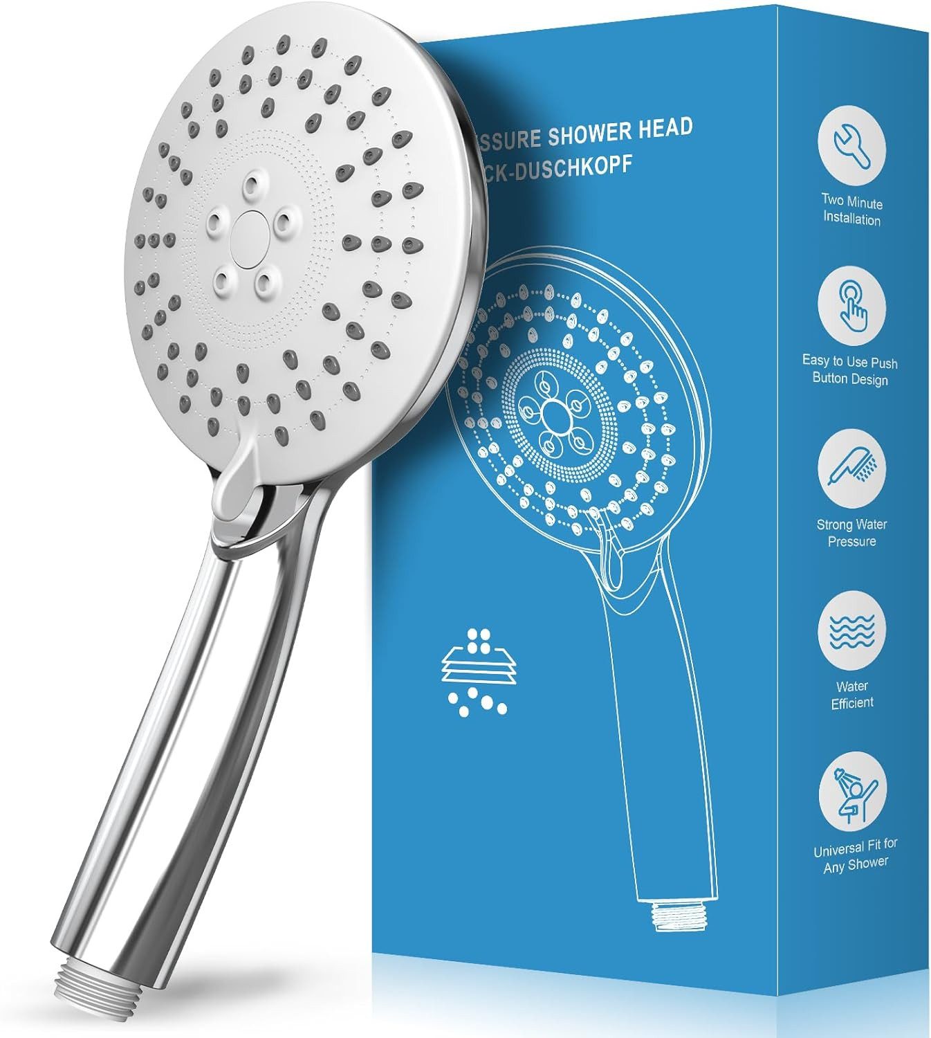 SURFOU Handbrause Duschkopf Hochdruck mit 3 Strahlarten, wassersparend & Antikalk