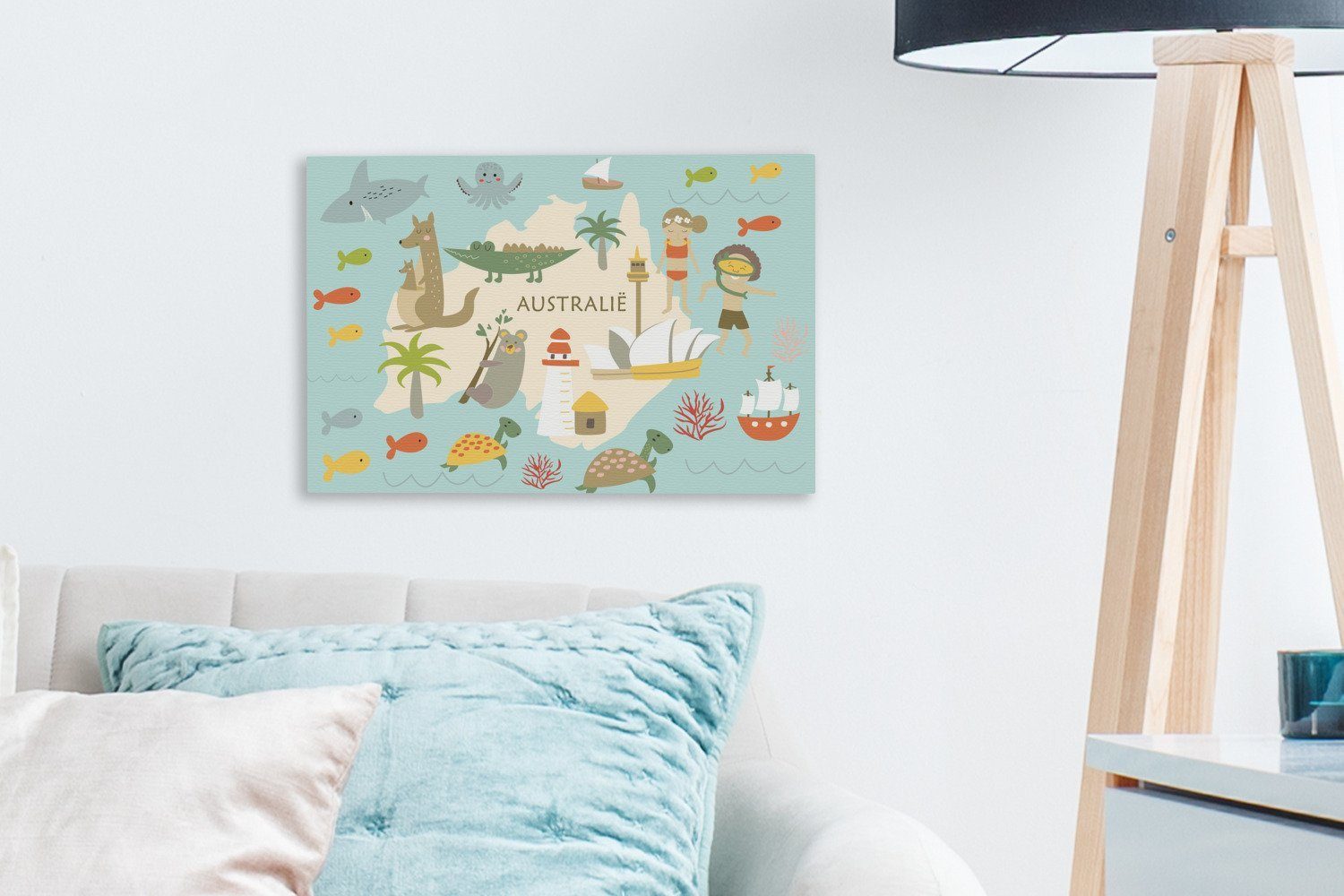 Wandbild (1 Farben, - cm OneMillionCanvasses® 30x20 Weltkarte St), Aufhängefertig, - Leinwandbilder, Wanddeko, Kinder Australien Leinwandbild