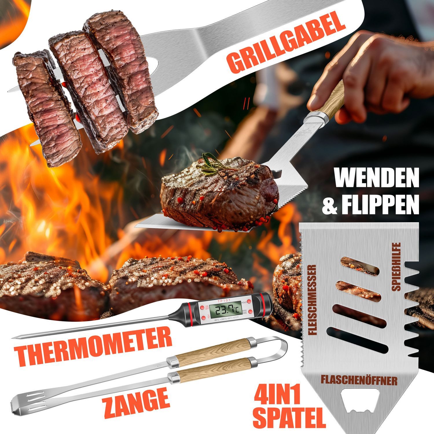 KESSER Grillbesteck-Set, (Grillzubehör Set mit Grillzange, Grillwender, 4in1 Grillspatel, Grillgabel, Grill-Spieß, Thermometer, Korkenzieher, Grillmatte & Tasche, 37 tlg), BBQ Profi Grillset aus rostfreiem Edelstahl