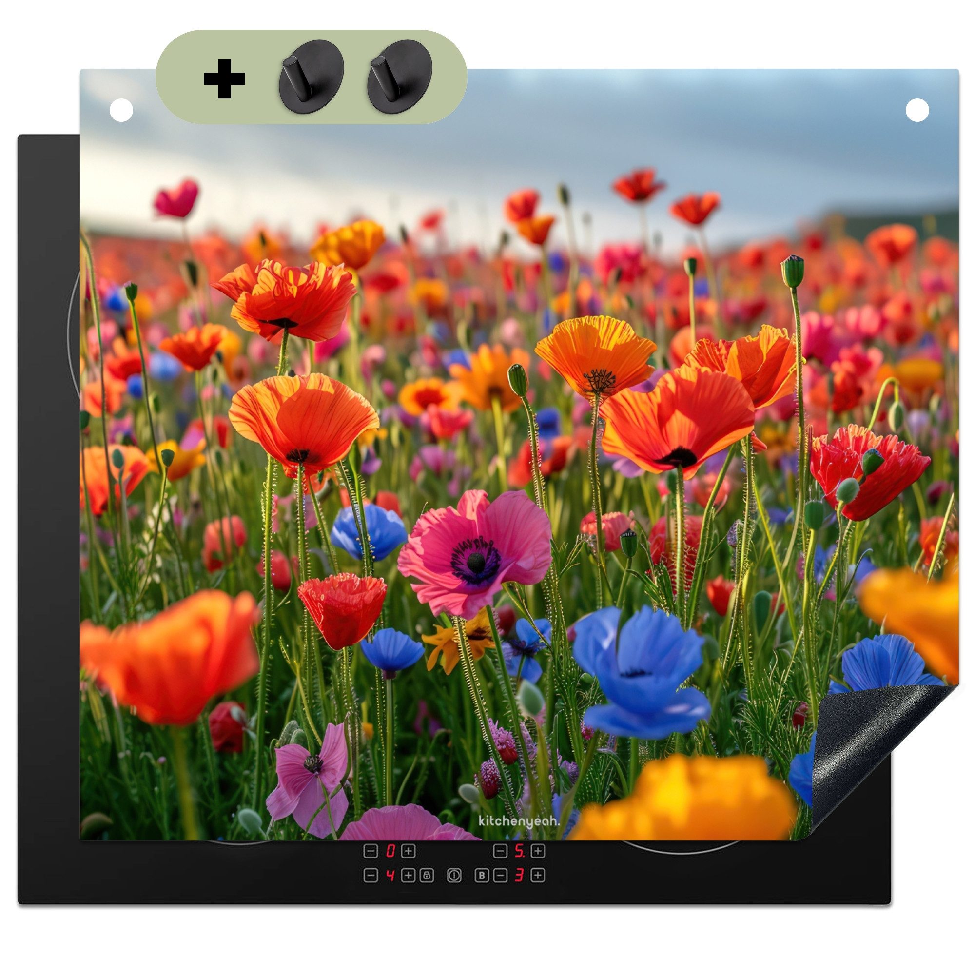 KitchenYeah Küchenrückwand Blumen - Mohnblumen - Bunt - Rot, (1-tlg), Abdeckplatte für Ceranfeld, Herd Spritzschutz, 60x50 cm