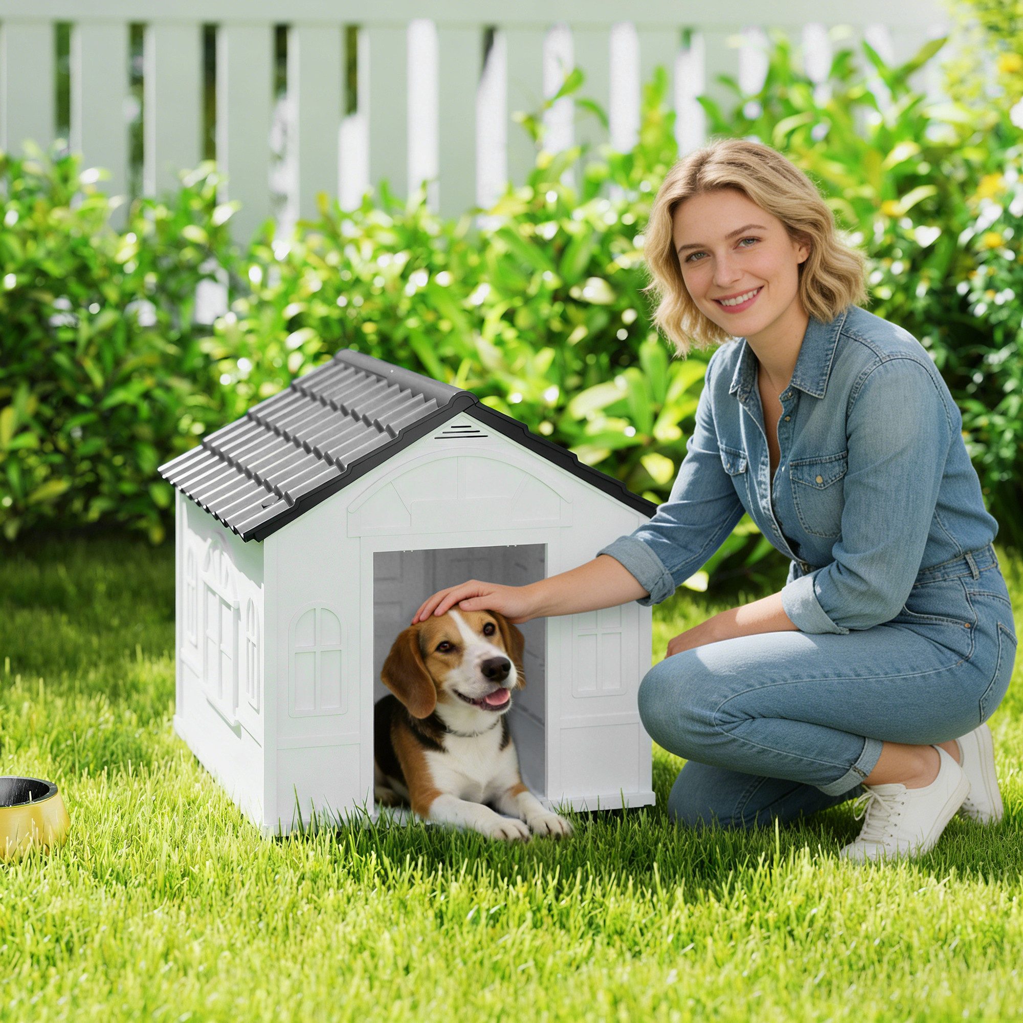PawHut Hundehütte Hundehaus mit Satteldach, Hütte für mittelgroße Hunde unter 20 kg, Outdoor, 65 x 75,7 x 63 cm, Grau