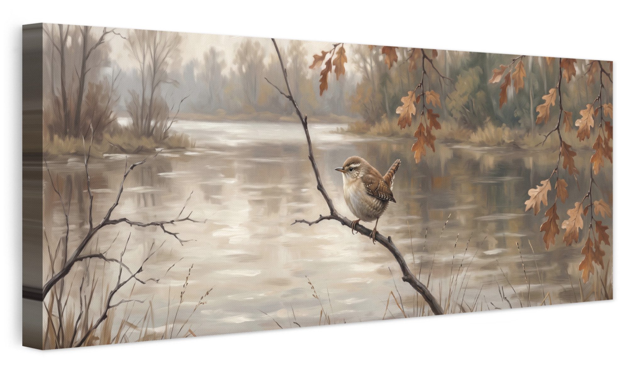 OneMillionCanvasses® Leinwandbild Panorama Zaunkönig - Zweig - Fluss - Natur - Atmosphärisch, Fotodruck (1 St), Wandbild, Deko Schlafzimmer …