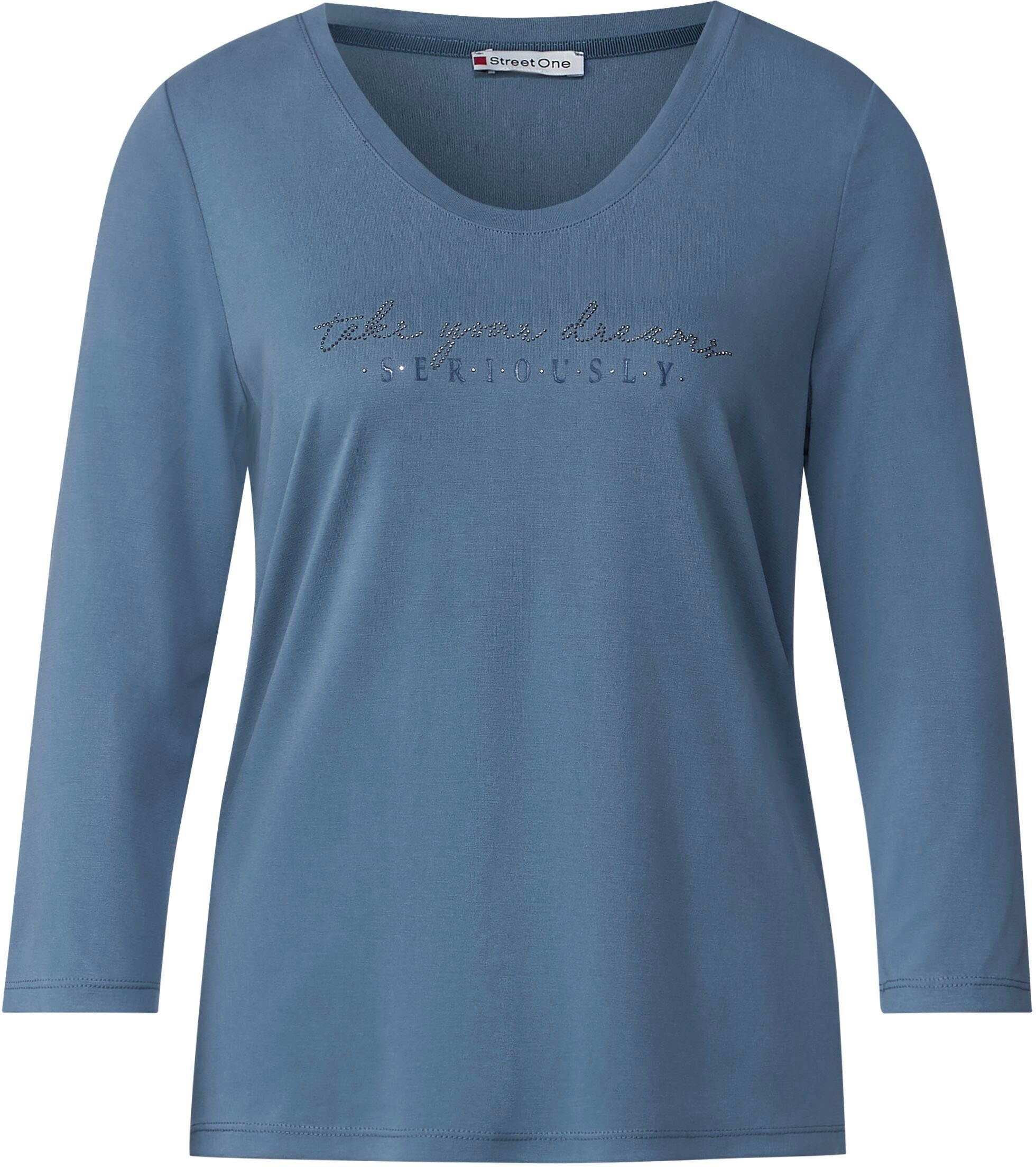3/4-Arm-Shirt mit ONE bay STREET blue dark auf der Brust Steinchen-Wording