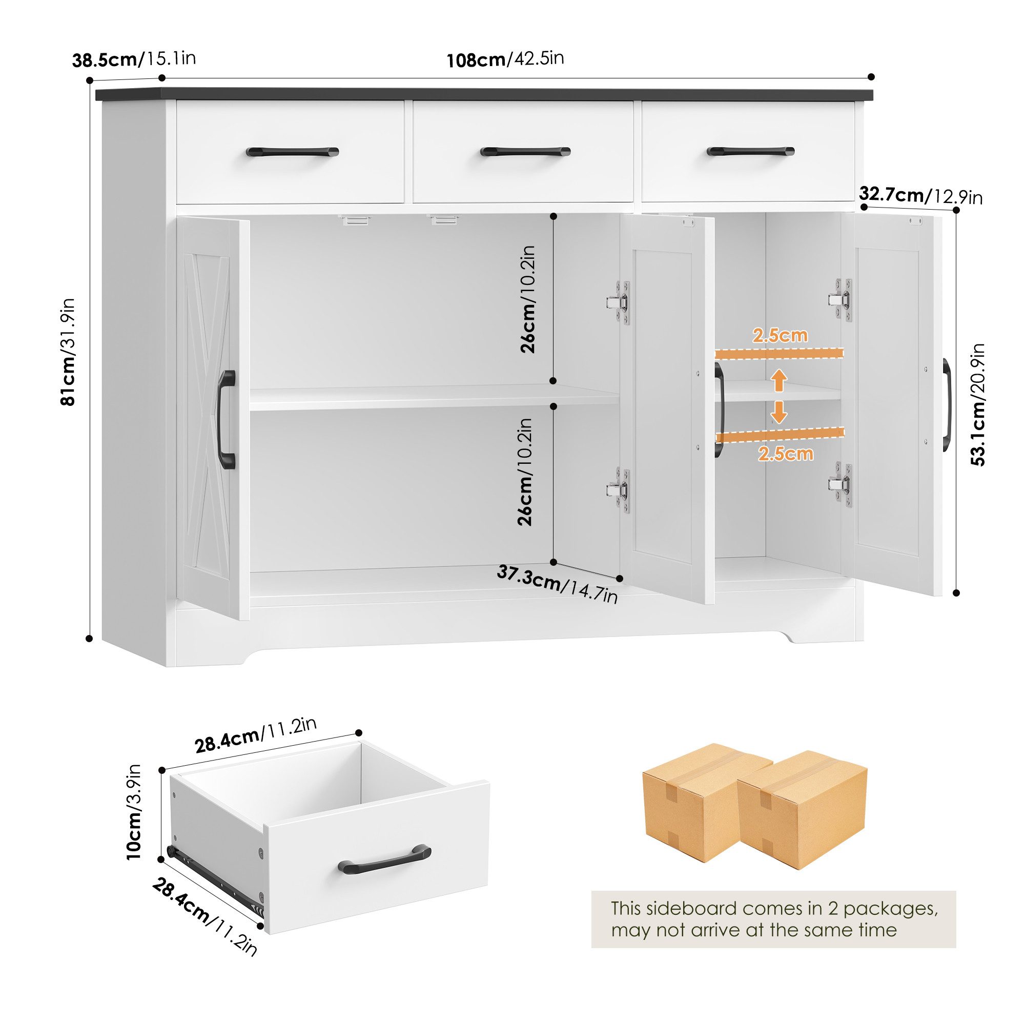 HOMECHO Sideboard, Küchenschrank mit 3 Schubladen günstig online kaufen