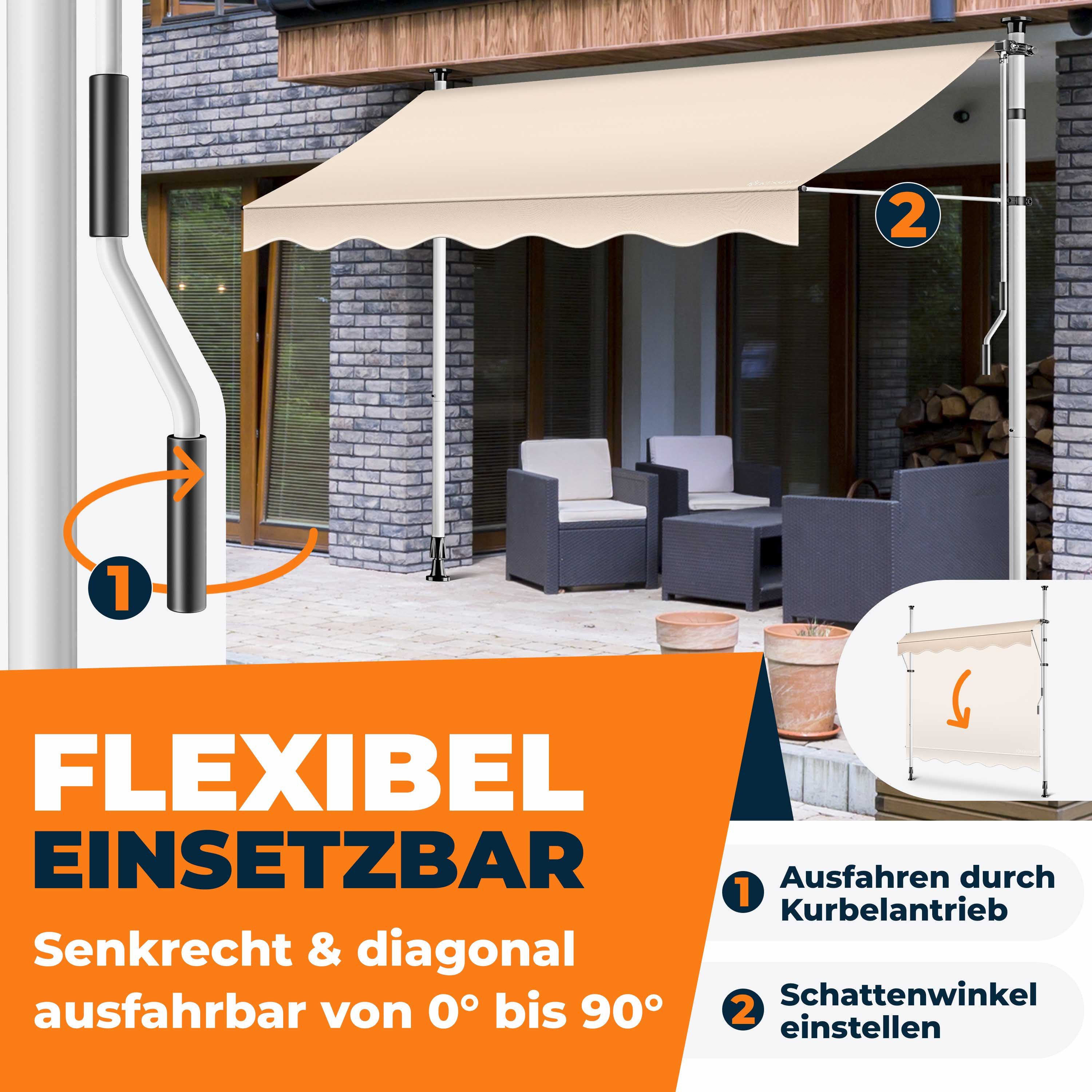 KESSER Klemmmarkise mit Handkurbel & LED, 150x180cm Balkonmarkise ohne Bohren UV-Beständig (Markise + solarbetriebene LED Lichterkette, höhenverstellbar 176-305cm) Sicht- & Sonnenschutz für Balkon Terrasse & Garten, wasserabweisend