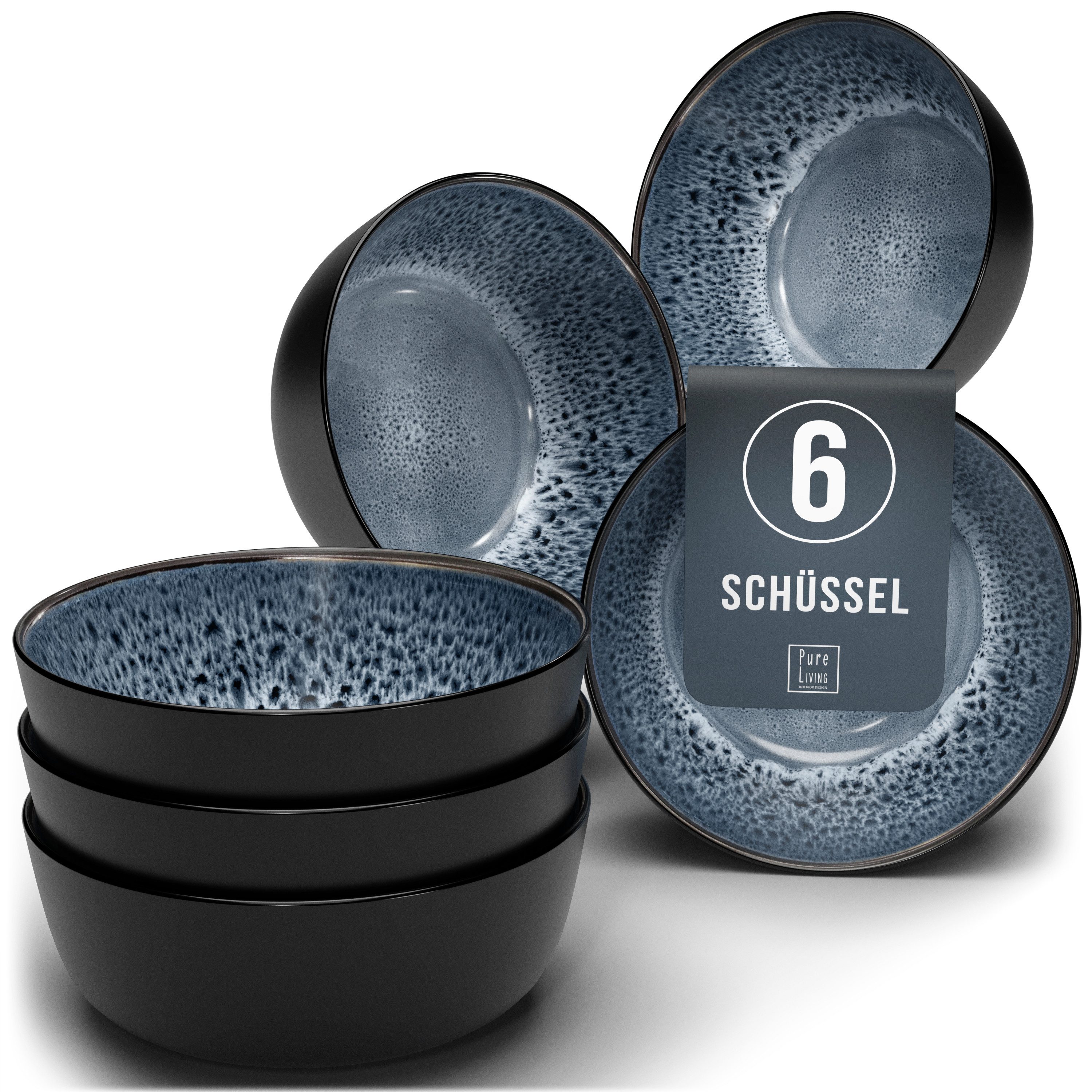 PURE LIVING INTERIOR DESIGN Geschirr-Set Pure Living Müslischale 6er 16cm »Ibiza«, Steingut, Rauchblau, 6 Personen, Steingut, Mediterrane Handwerksoptik, Reaktive Glasur – jedes Stück einzigartig…