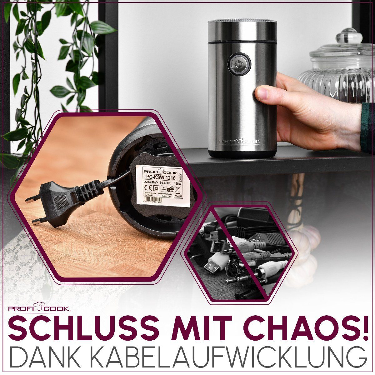 ProfiCook Kaffeemühle PC-KSW 1216, Kaffeemühle elektrisch mit 2-fach Edelstahlmesser