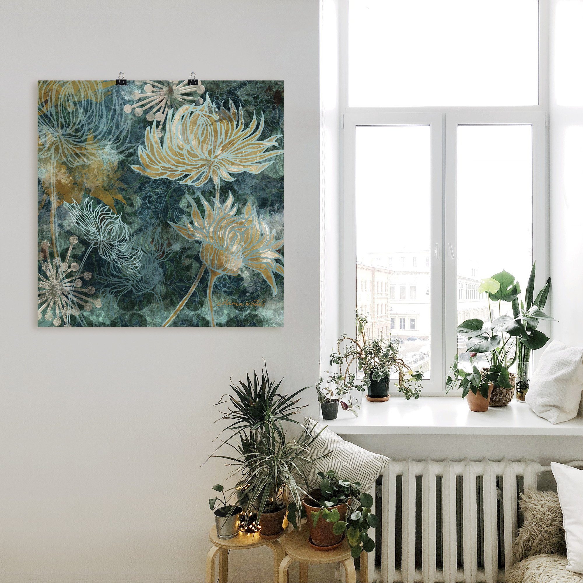 Blaue Poster oder in Blumen Artland (1 Größen Chrysanthemen Leinwandbild, Wandbild Alubild, St), Wandaufkleber versch. als I,