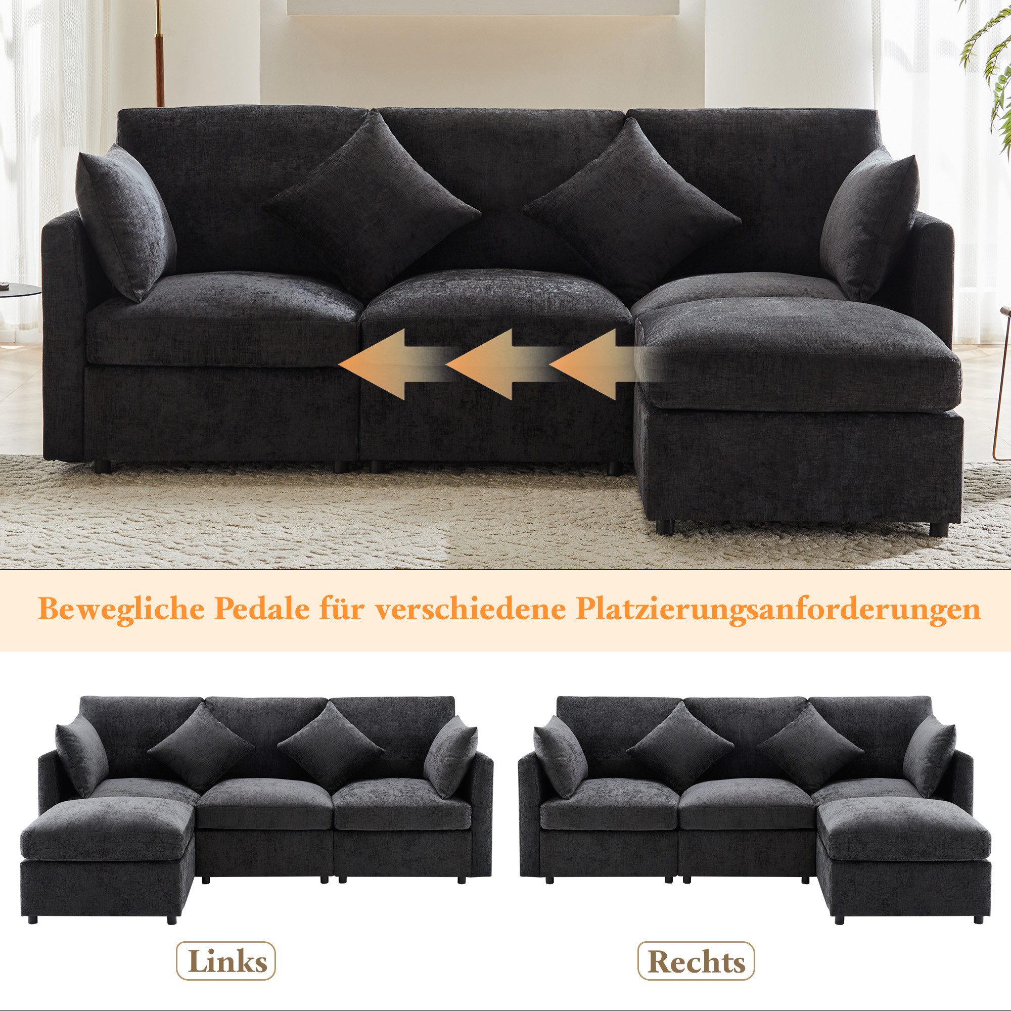 Merax Ecksofa mit Fußhocker und 4 Kissen, 3-Sitzer Sofagarnitur, modulare Couch aus Chenille-Stoff