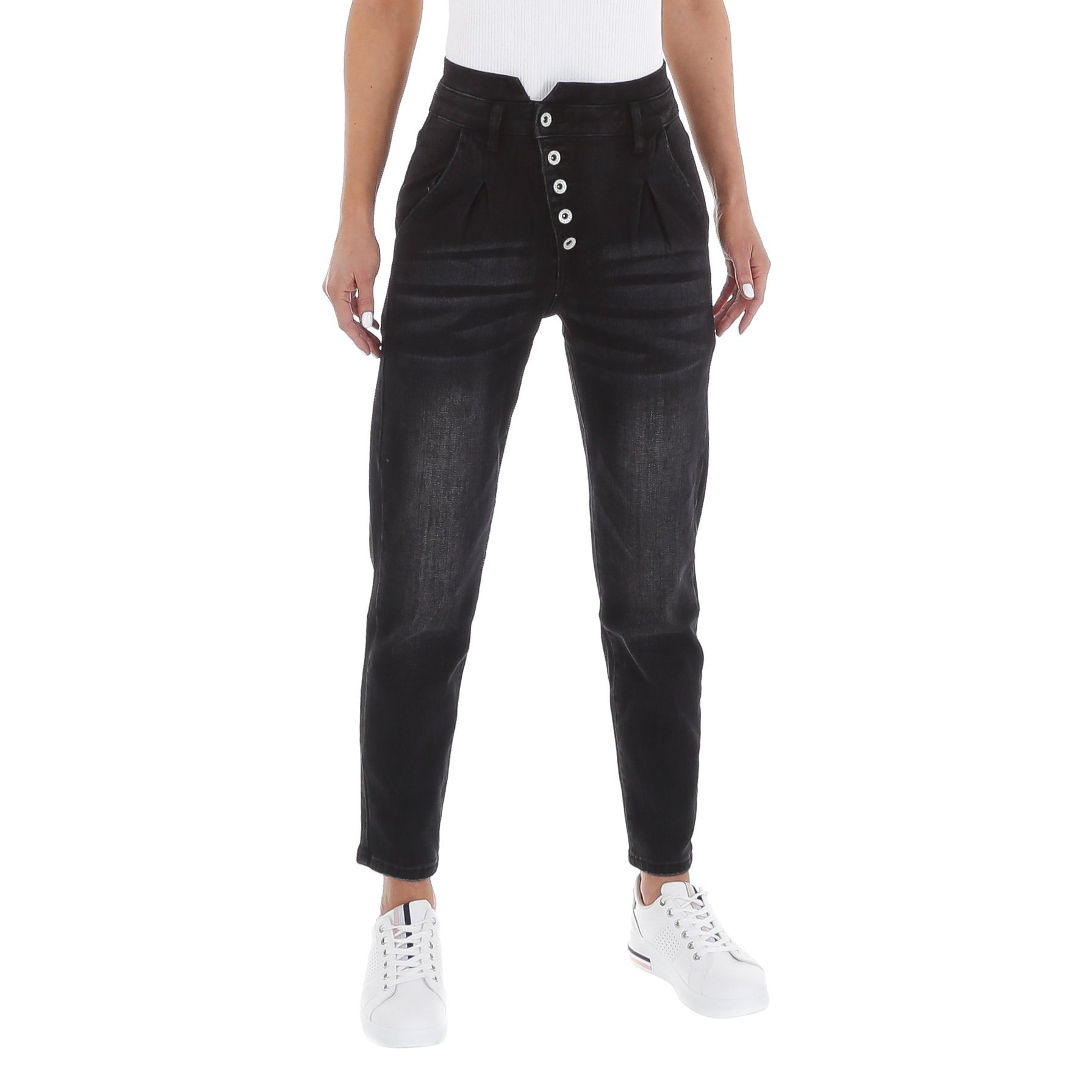 Damen Used-Look Waist Freizeit Ital-Design Stretch Schwarz Jeans in High High-waist-Jeans