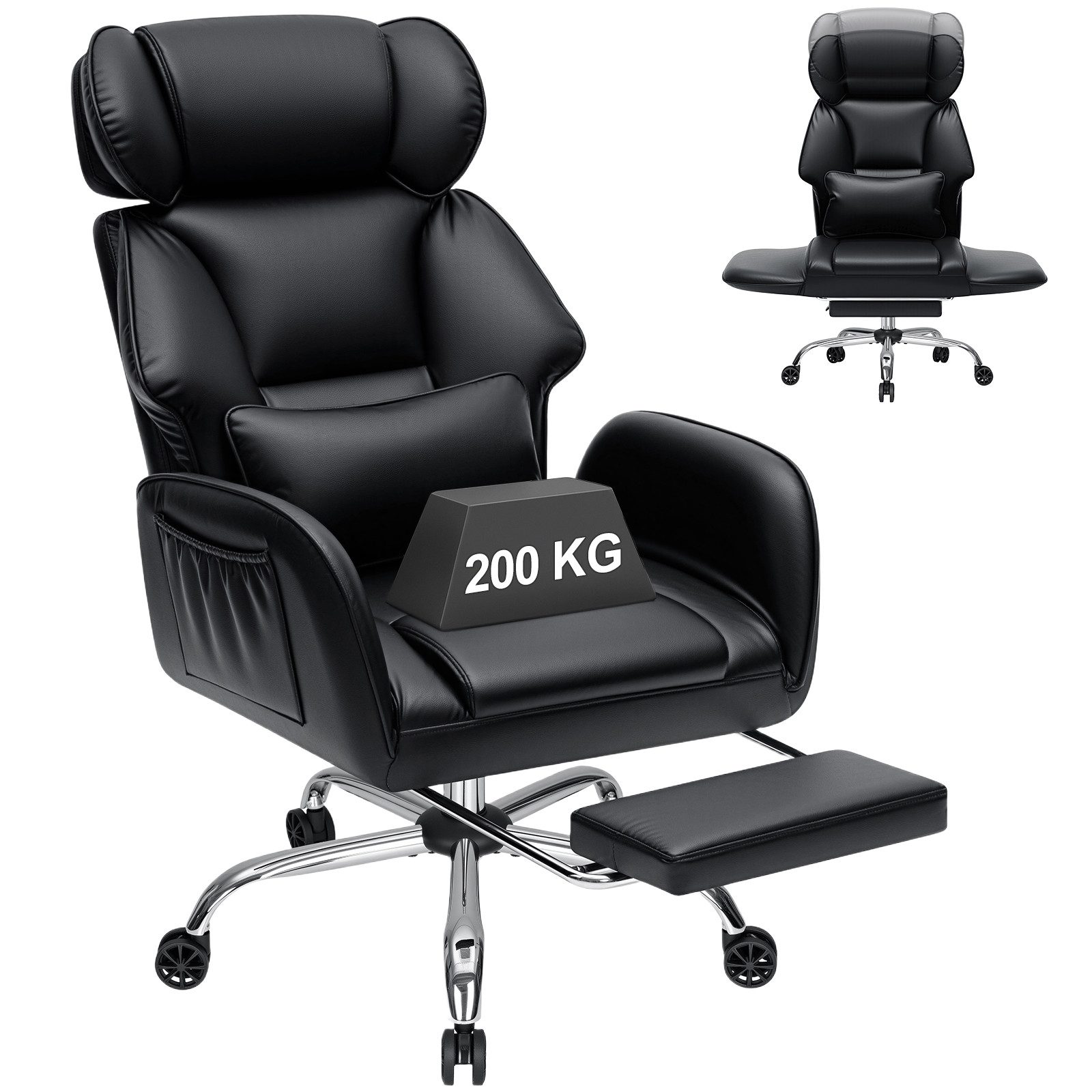 Hoffree Chefsessel Ergonomischer Bürostuhl Schreibtischstuhl Gaming Stuhl 200kg Belastbar (Breiter Sitz, 6cm höhenverstellbare Kopfstütze, 135° neigbar, PU Leder), Drehstuhl mit klappbarer Armlehnen,Fußstütze, extra dickes Sitzpolster