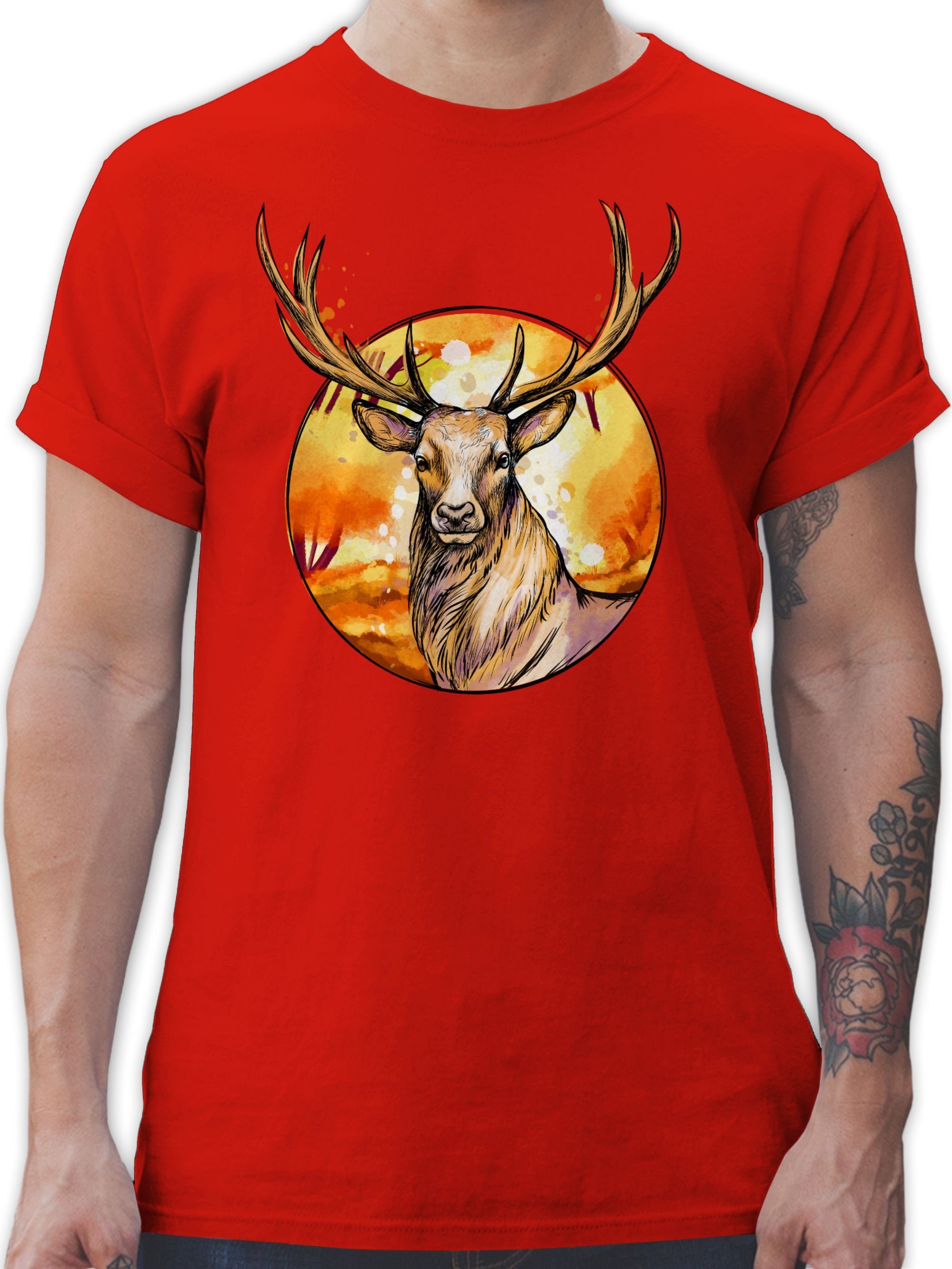 Shirtracer T-Shirt Hirsch mit Hintergrund Mode für Oktoberfest Herren 03 Rot