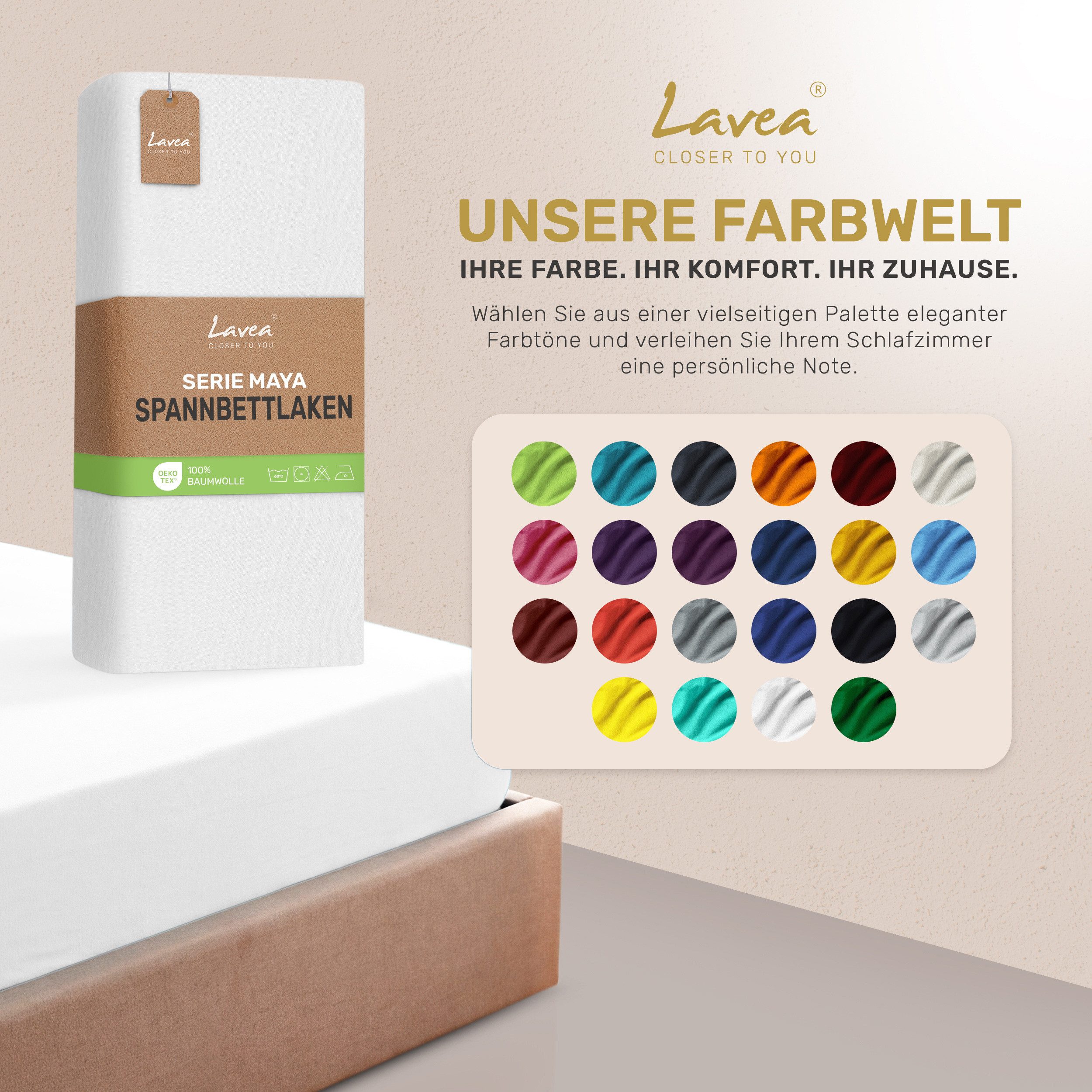 Lavea Spannbettlaken Bettlaken Maya, 180x200cm, 200x200cm, 140x200cm, 160x200cm, 100% Baumwolle Jersey, Gummizug: rundum, (1 Stück), für Matratzen, Topper, Boxs – Bild 4 von 5