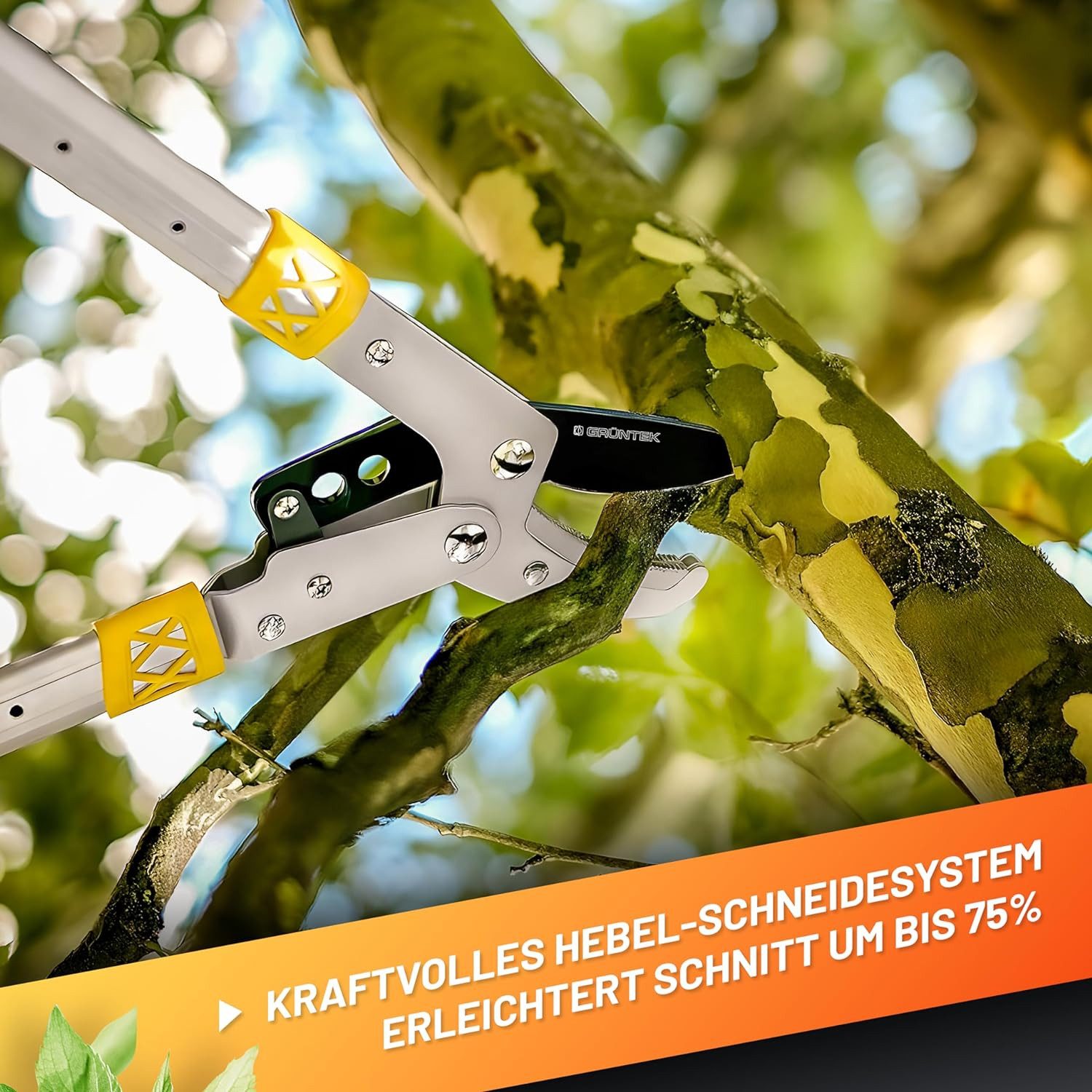 GRÜNTEK Astschere Teleskop-Astschere XT 685 -1015 mm, Amboss Smart-Cut Baumschere, gehärtete Klinge 78 mm, 7-fach verstellbare Griffe.