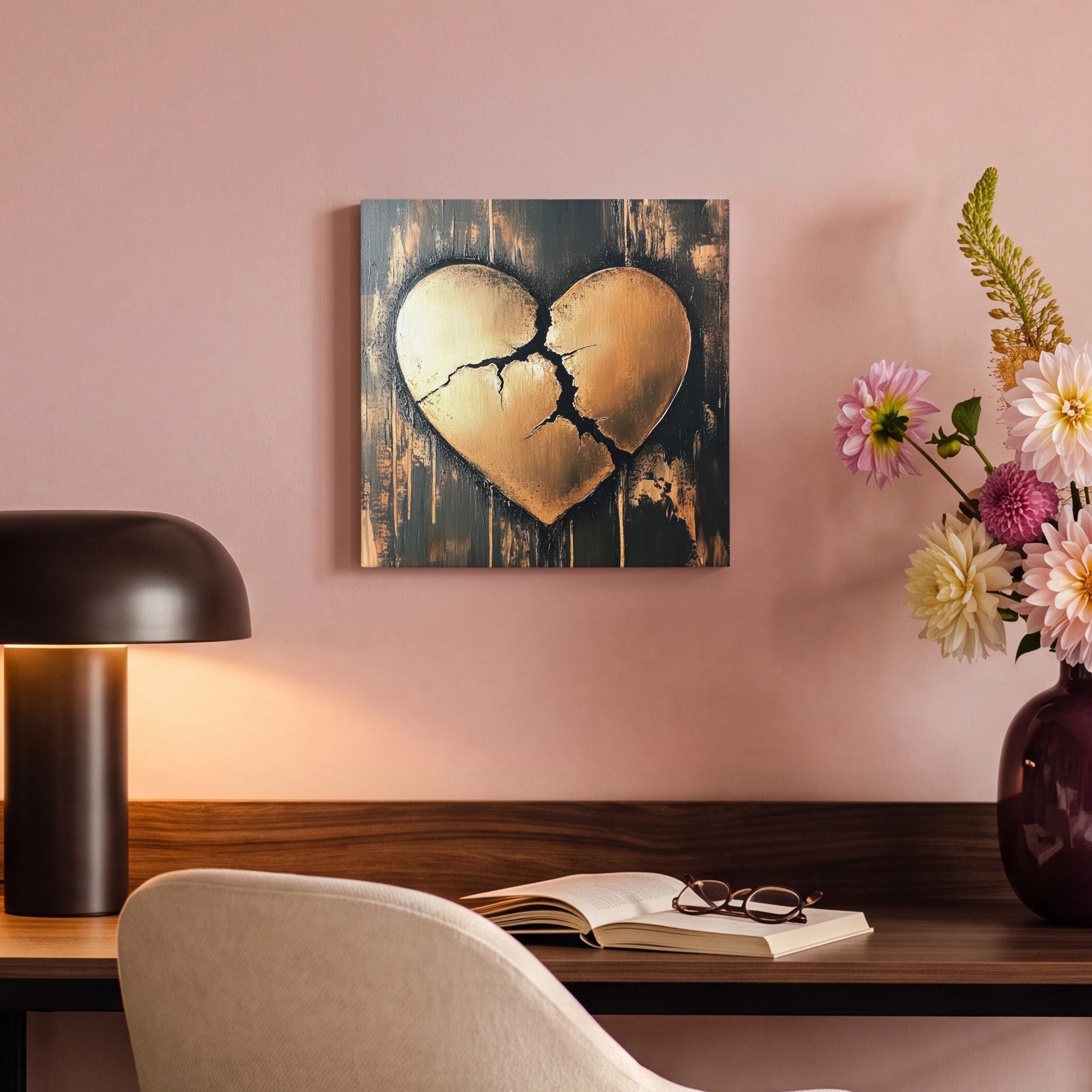 OneMillionCanvasses® Leinwandbild Gebrochenes Herz - Gold - Holzoptik - Liebe, Fotodruck (1 St), Leinwand Bilder Klein, Wand Dekoration Aesthetic 30x20 cm – Bild 4 von 5