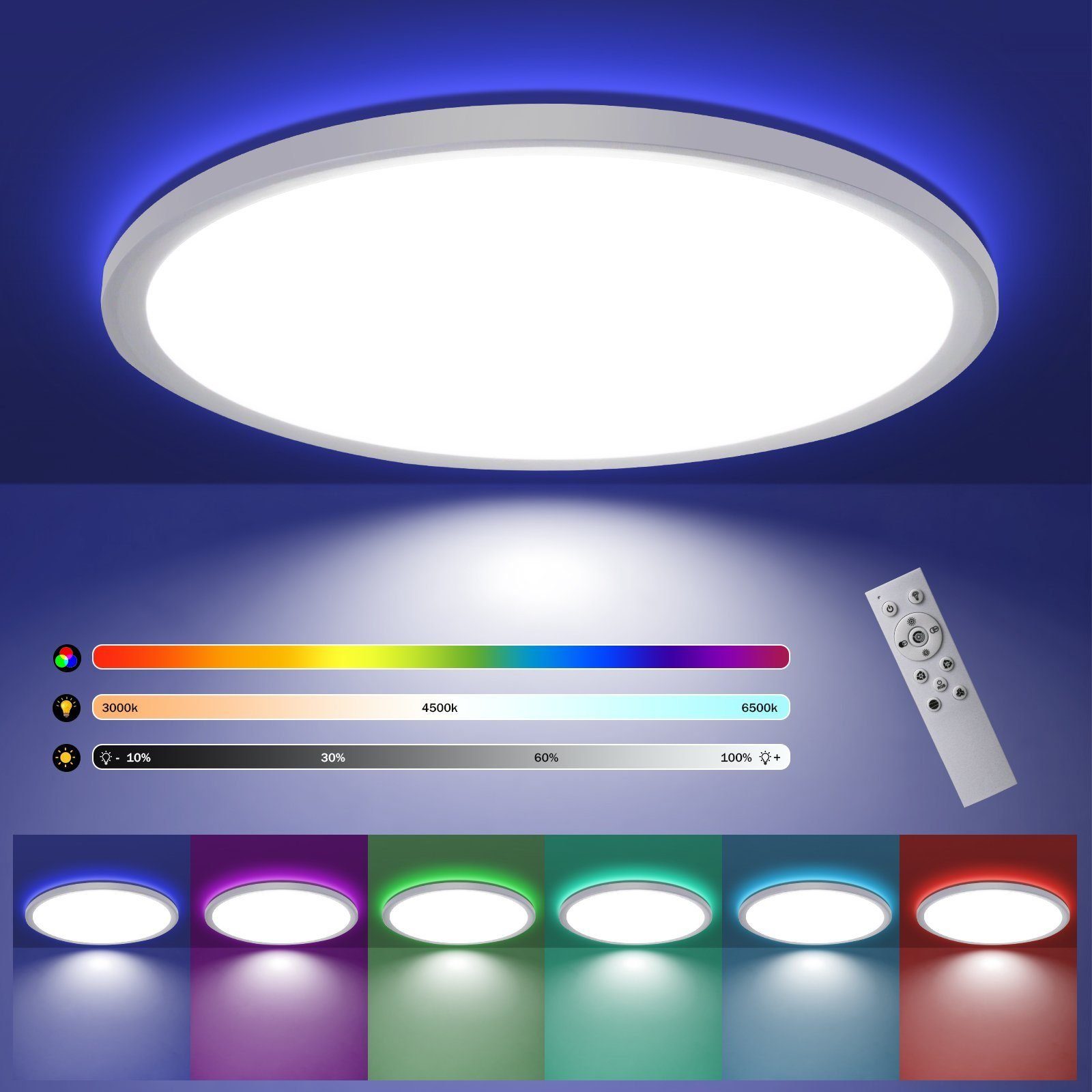 ZMH LED Deckenleuchte RGB Hintergrundleuchtung Dünn Flach mit Fernbedienung Schlafzimmer, Dimmbar, LED fest integriert, RGB, 3 Steuermodus, Ruhig und leicht zu schlafen, Energiesparen, CRI 90