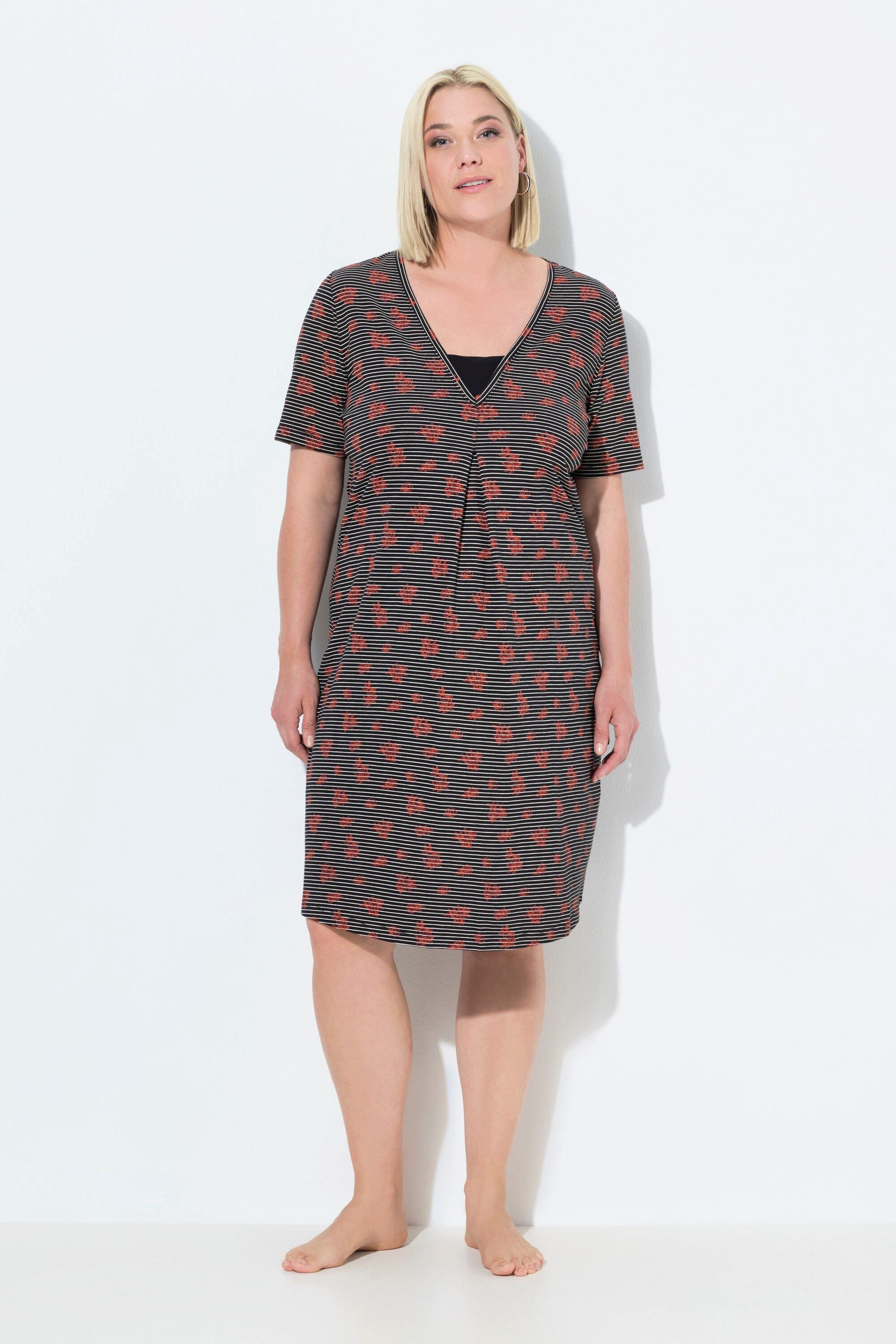 Ulla Popken Nachthemd Nachthemd Ringel/ Blüten V-Ausschnitt Halbarm günstig online kaufen