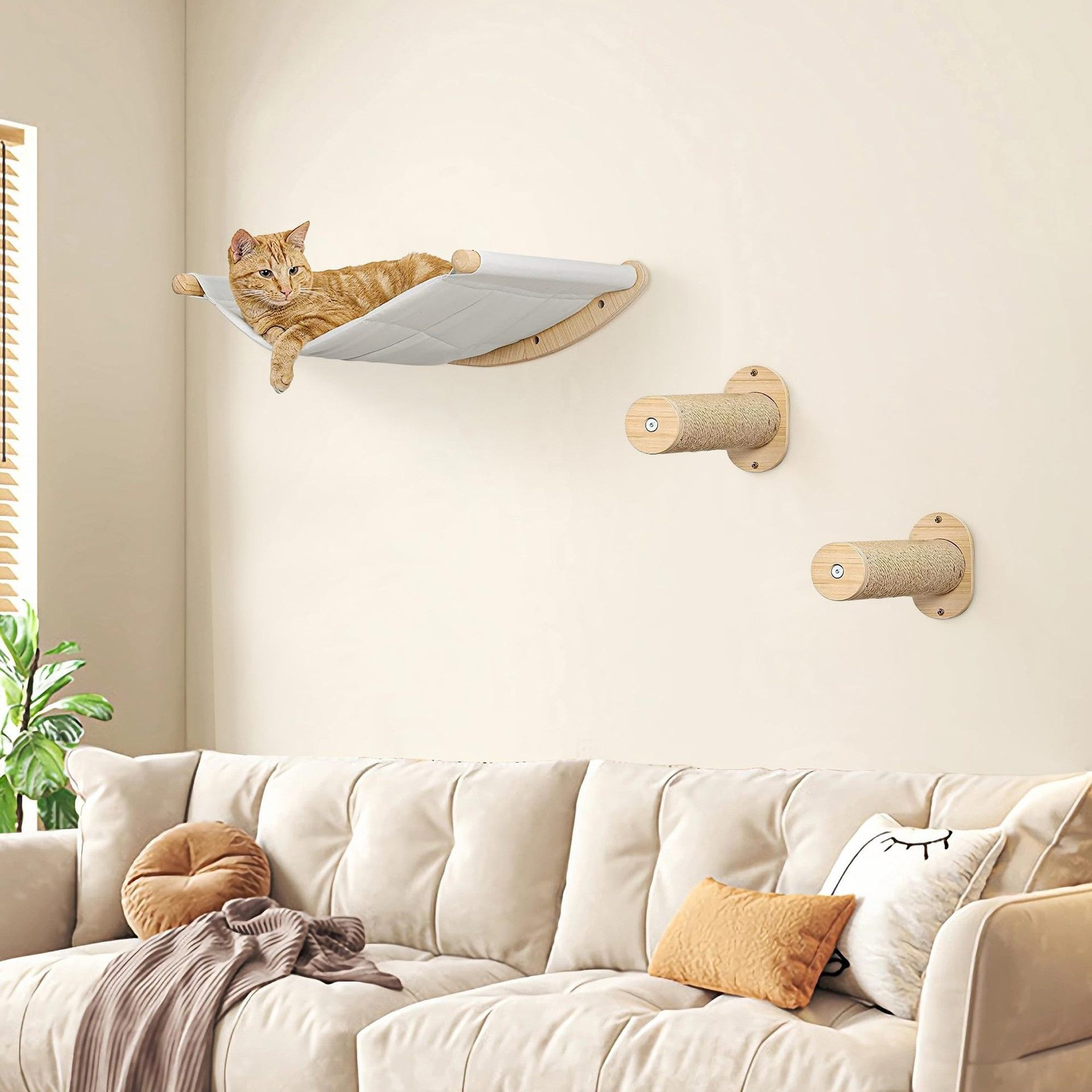 YINDN Katzen-Kletterwand 3tlg Kletterwand Katzen Set, Katzenhängematte zur Wandmontage, Katzentreppe (2 Katzenkletterpfosten + 1 Hängematte), Katzenwandleiter