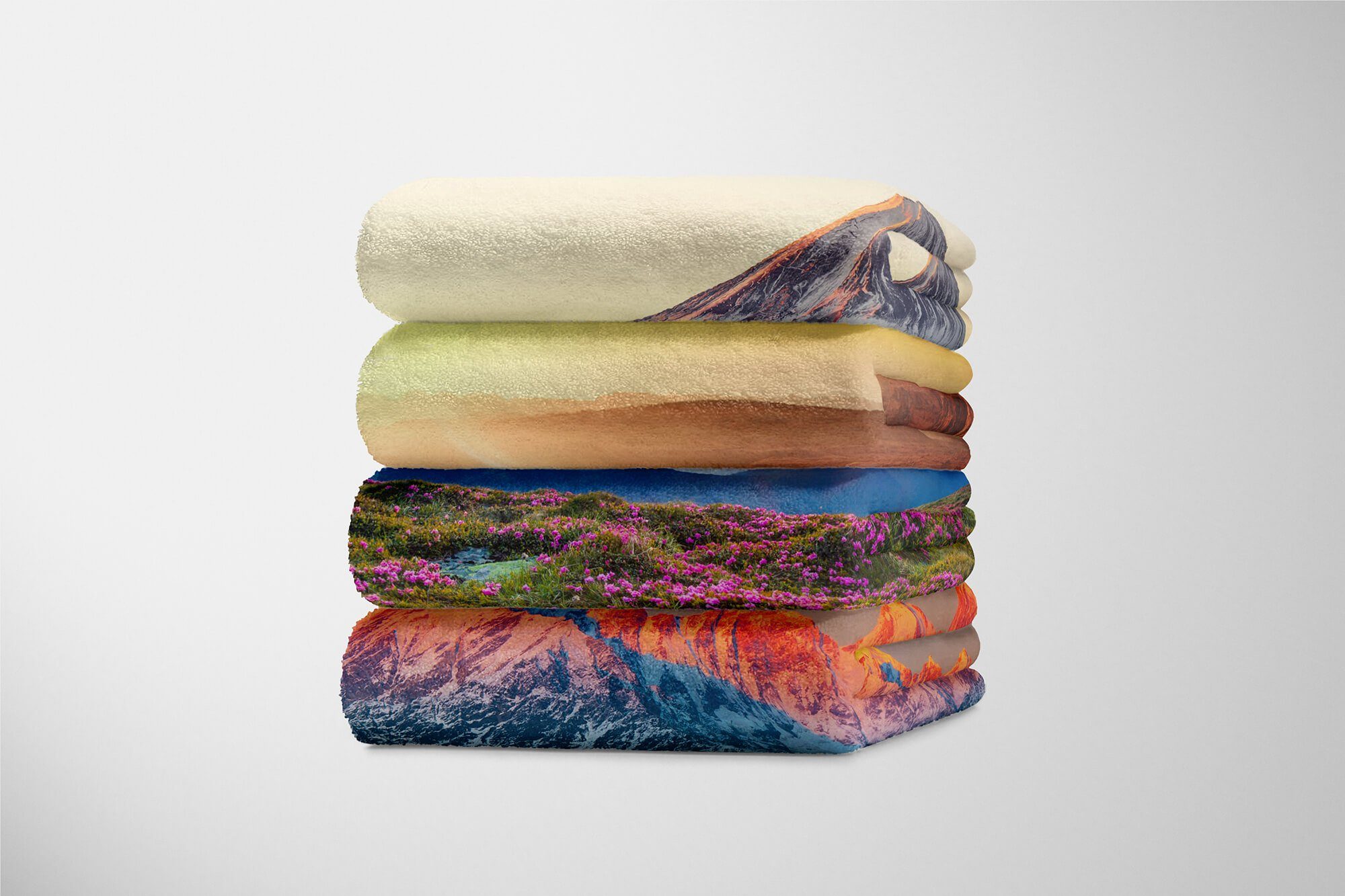 Berglandschaft Fotomotiv Saunatuch Kuscheldecke Baumwolle-Polyester-Mix Handtuch Handtuch Strandhandtuch (1-St), mit Sonnenunterga, Sinus Handtücher Art