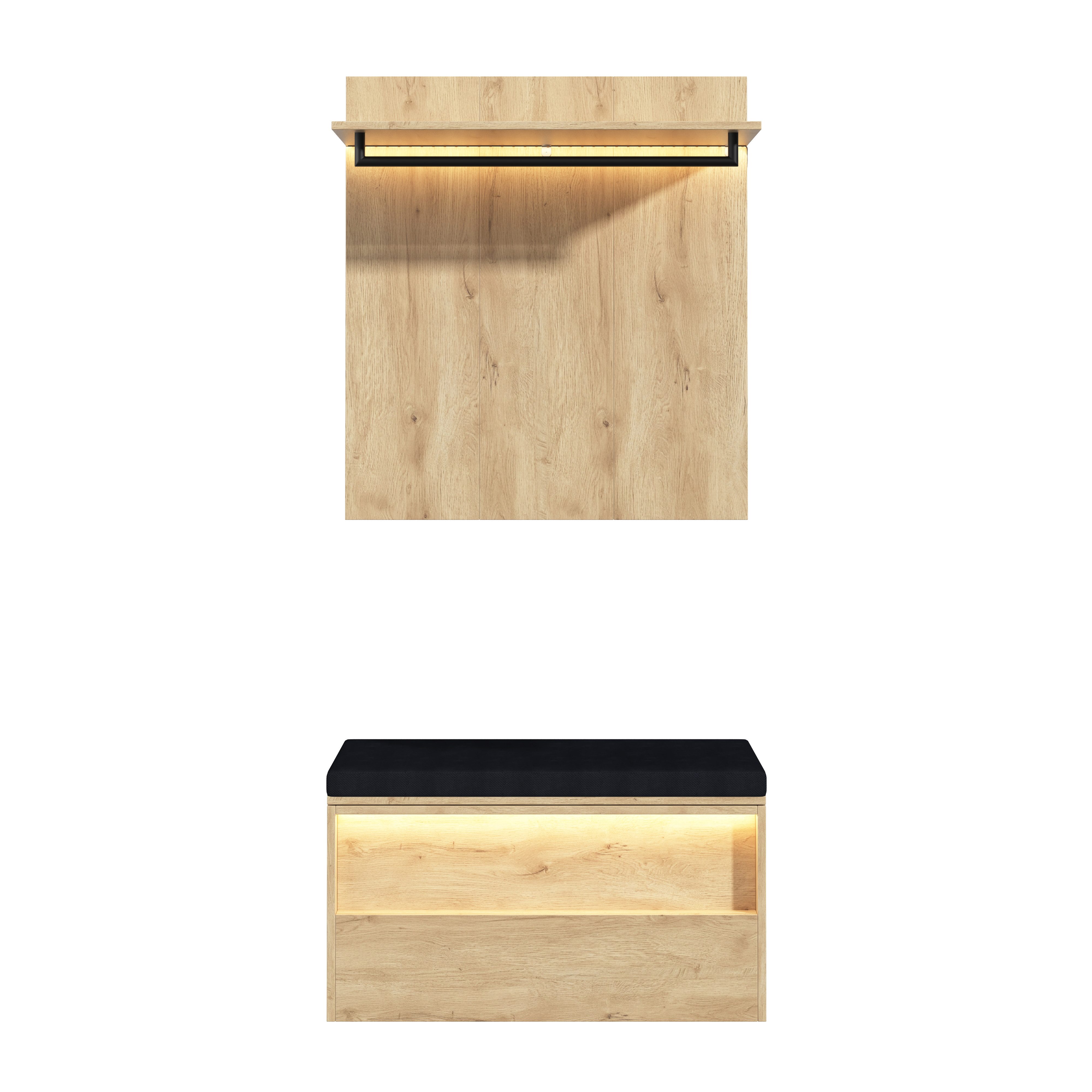 Flieks Garderoben-Set Holzoptik Wandgarderobe, Schuhbank mit Sitzissen, Kleiderständer, (Kompaktgarderobe mit LED-Beleuchtung, 2-St., 90x47x145 cm), Sitzbank mi – Bild 4 von 5