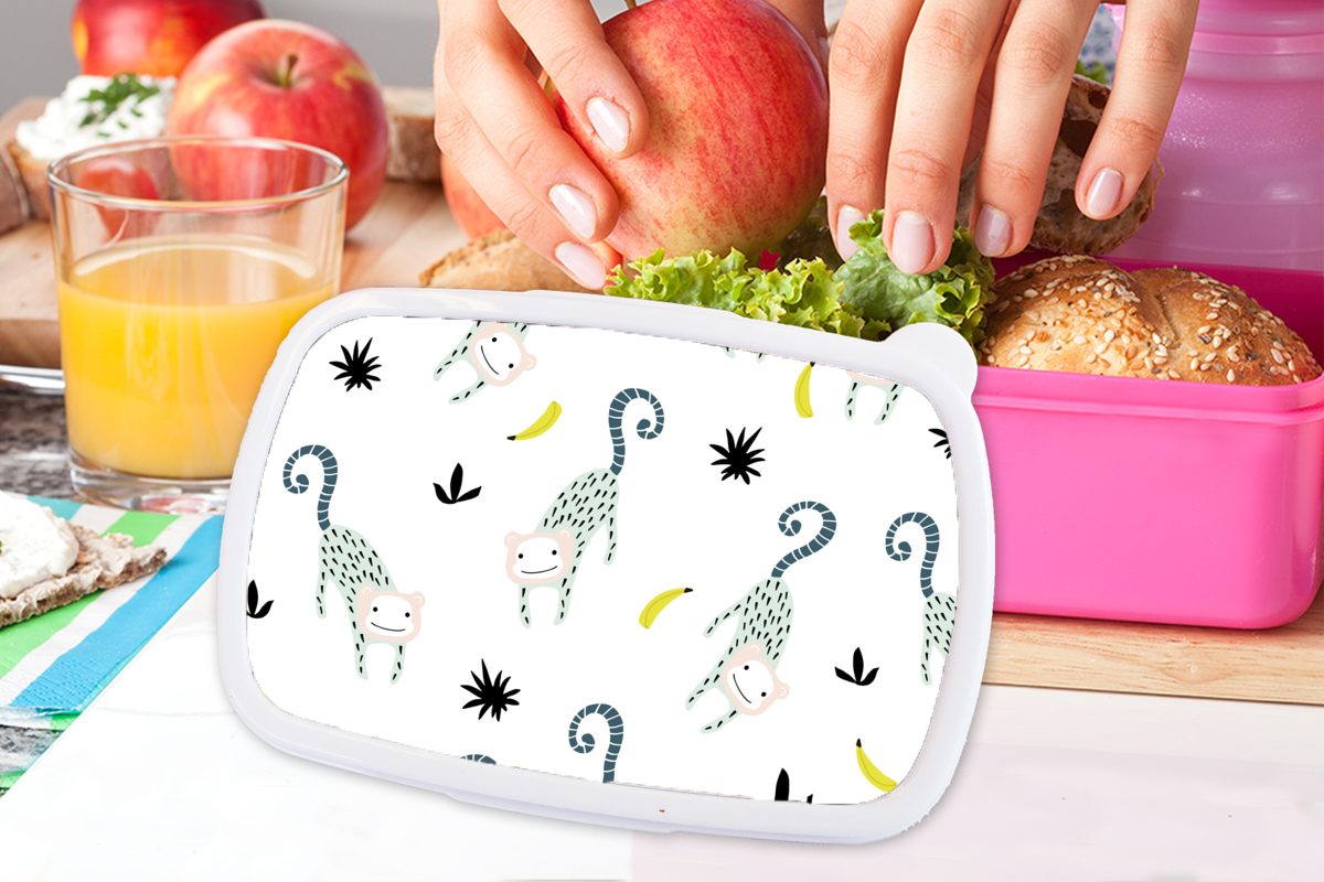 MuchoWow Lunchbox Affen - Kunststoff für (2-tlg), Mädchen, Erwachsene, Weiß, Kunststoff, - Obst Snackbox, Brotbox Kinder, rosa Brotdose