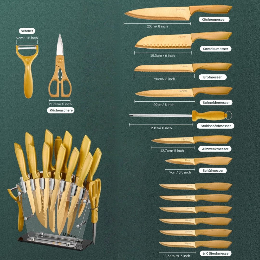 D.Perlla Messer-Set 16-teiliges Küchenmesserset aus Edelstahl (Set, 16-tlg), mit antihaftbeschichteter Klinge, golden