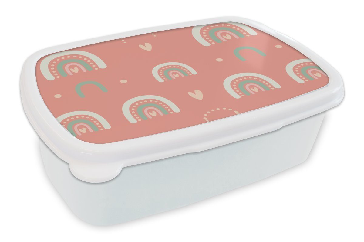 MuchoWow Lunchbox Mädchen - Regenbogen - Herzen - Muster - Mädchen - Rosa - Kinder -, Kunststoff, (2-tlg), Brotbox für Kinder und Erwachsene, Brotdose, für Jungs und Mädchen weiß