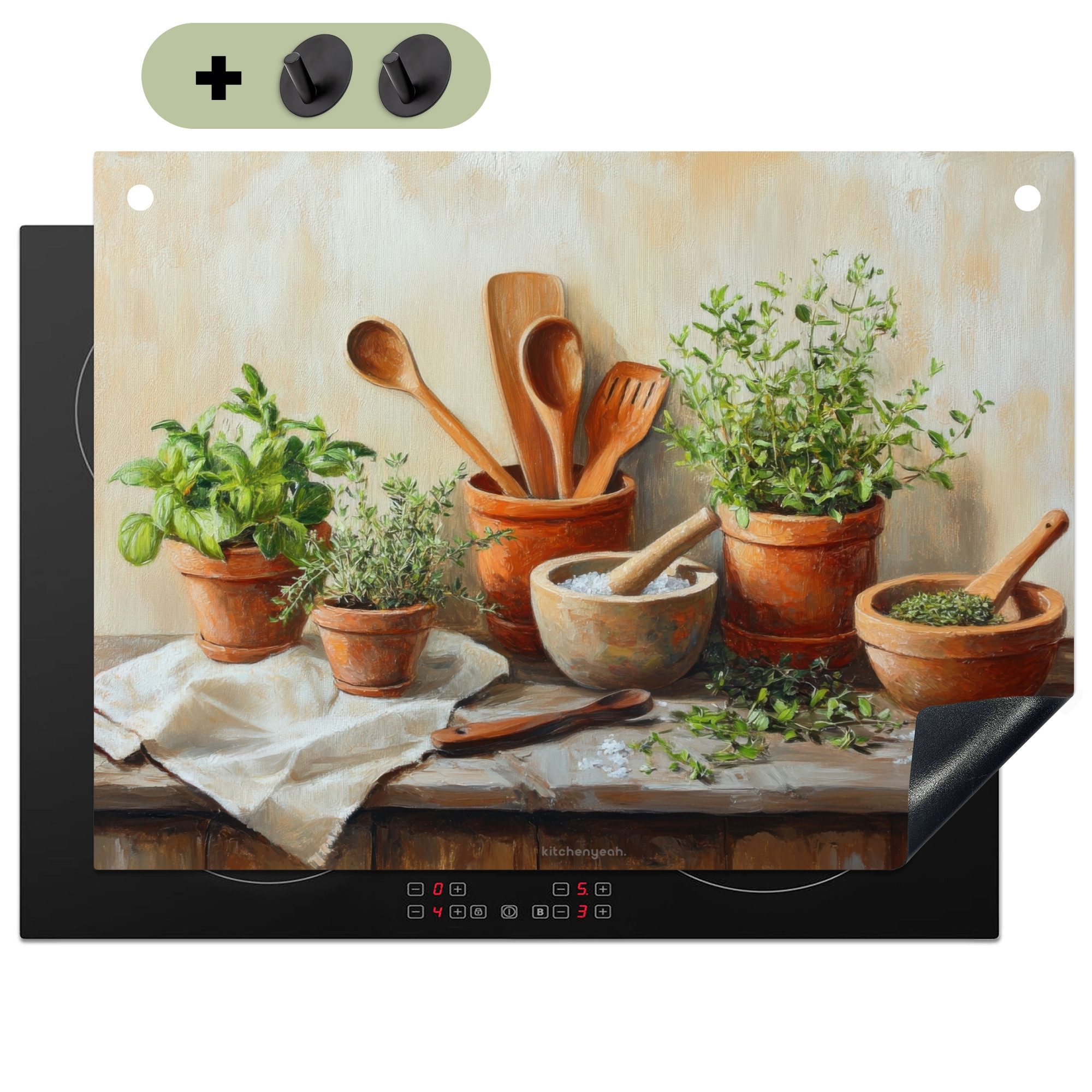 KitchenYeah Küchenrückwand Töpfe - Kräuter - Holz, (1-tlg), Spritzschutz Küche, Herdabdeckplatte Einteilig, 70x52 cm