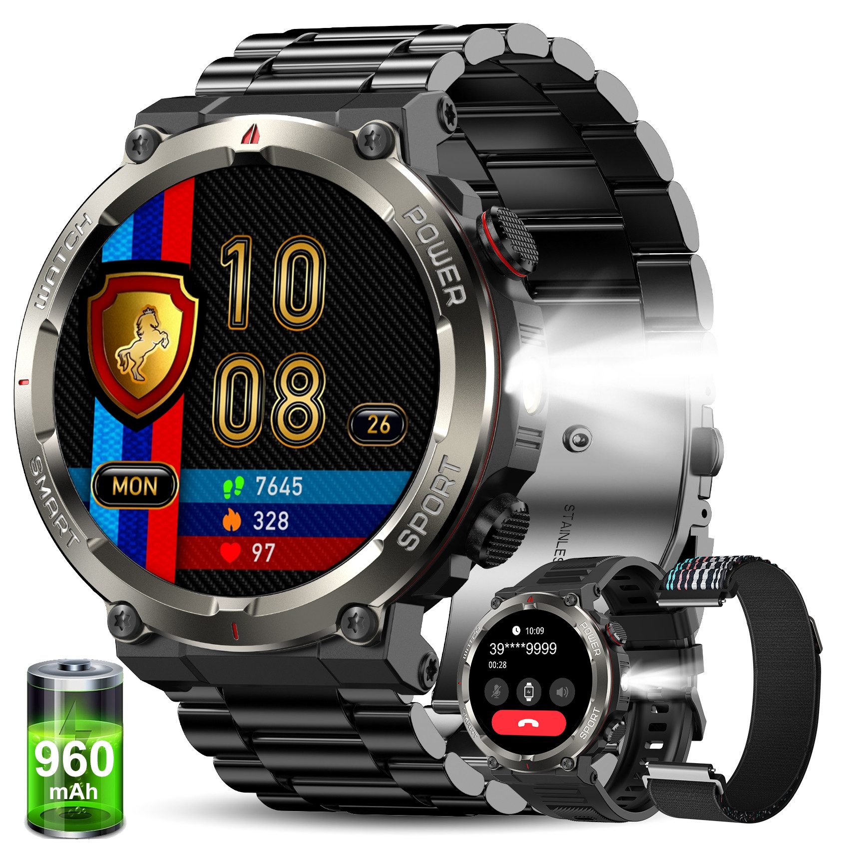 blackview Militärische Smartwatch für Herren mit 960mAh(30 Tage),Telefonfunktion Smartwatch (1.45 Zoll, iOS/Android), 3-tlg., 3 x Riemen / 2 x Riemen und Ladekabel, Sprachassistent,LED-Taschenlampe,Kompass,150+ Sportmodi,Schritten,IP68