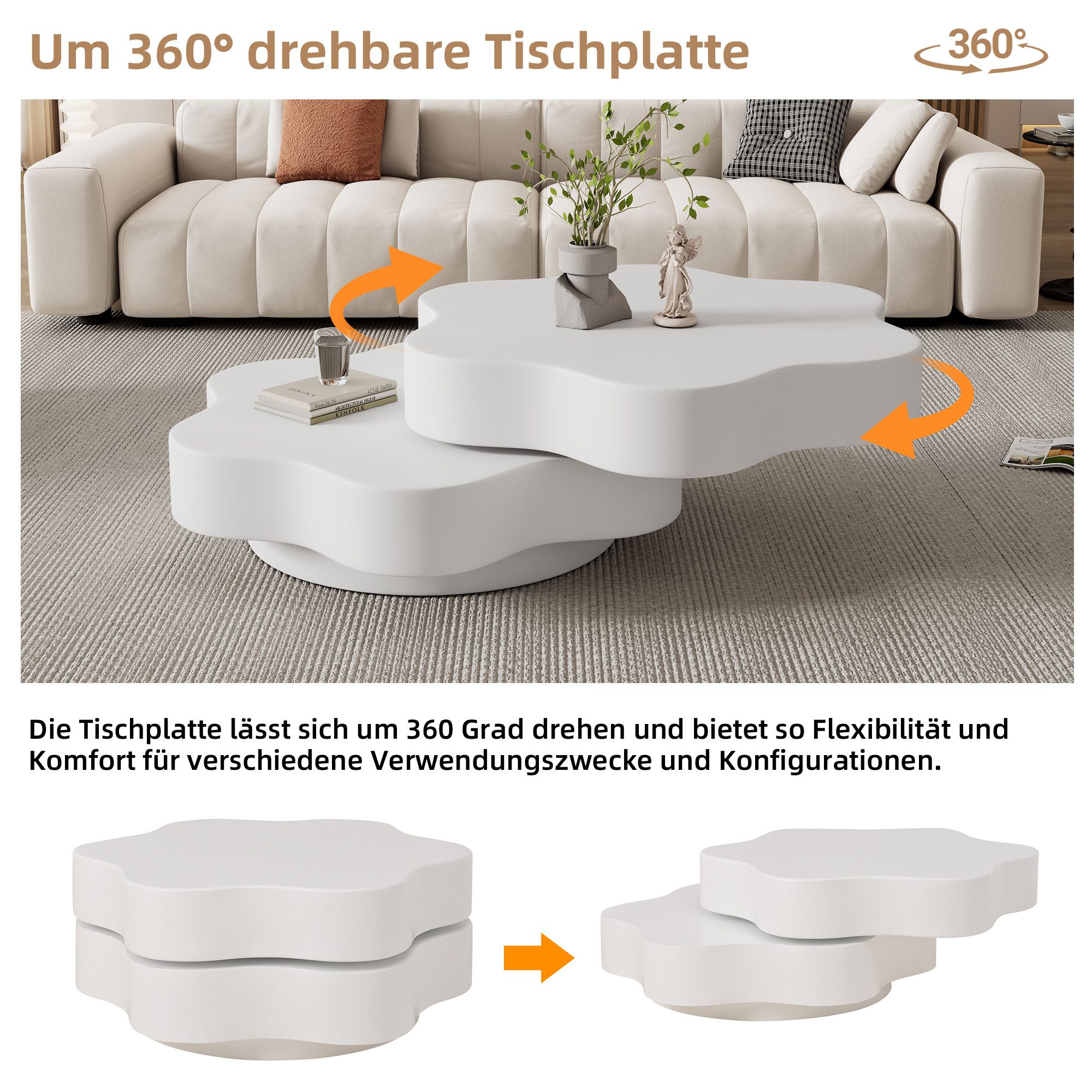 Merax Couchtisch Blumenförmiger Sofatisch Drehbarer Beistelltisch in Cremeweiß (Flexibler Sofatisch für kleine Wohnungen, 1-St., 74,8x67.5x31cm), Wohnzimmertisch mit 360°-Tischplatte & Doppelschichtigem Design