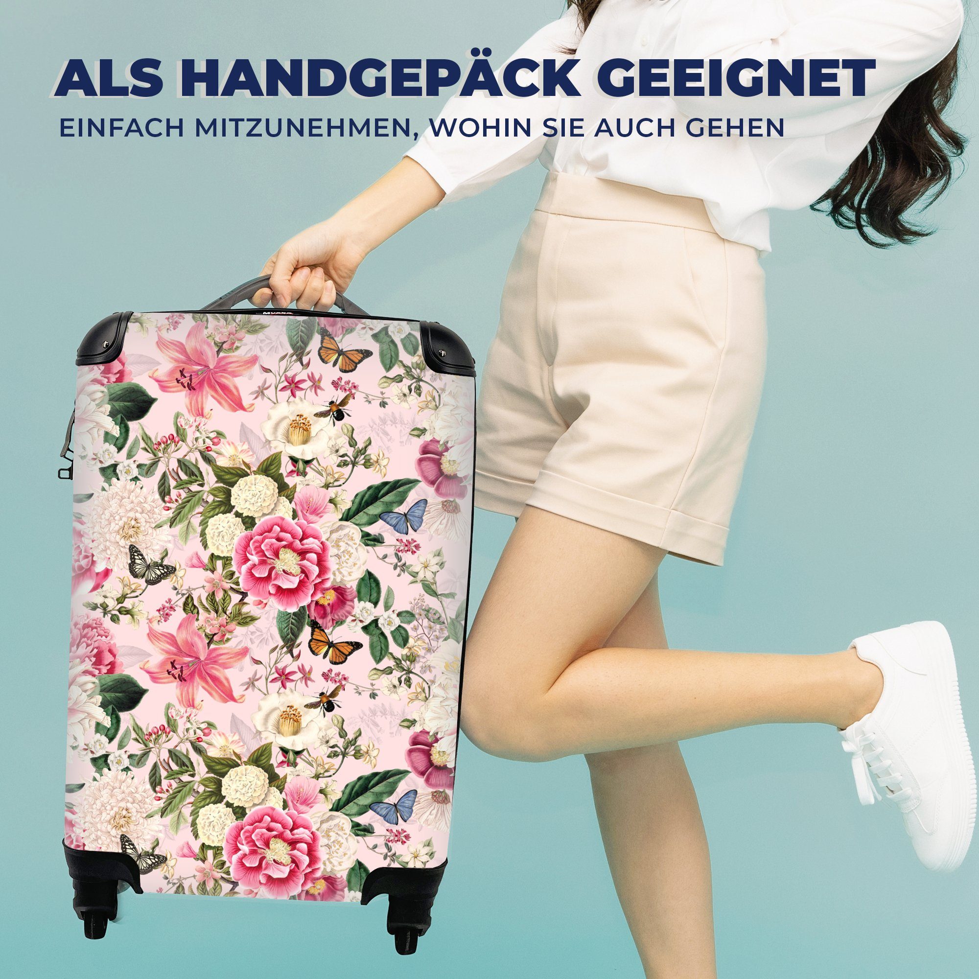 Handgepäck 4 - Rollen, MuchoWow Reisekoffer - mit für Blumen rollen, Reisetasche Trolley, Ferien, Insekten, Lilie Handgepäckkoffer