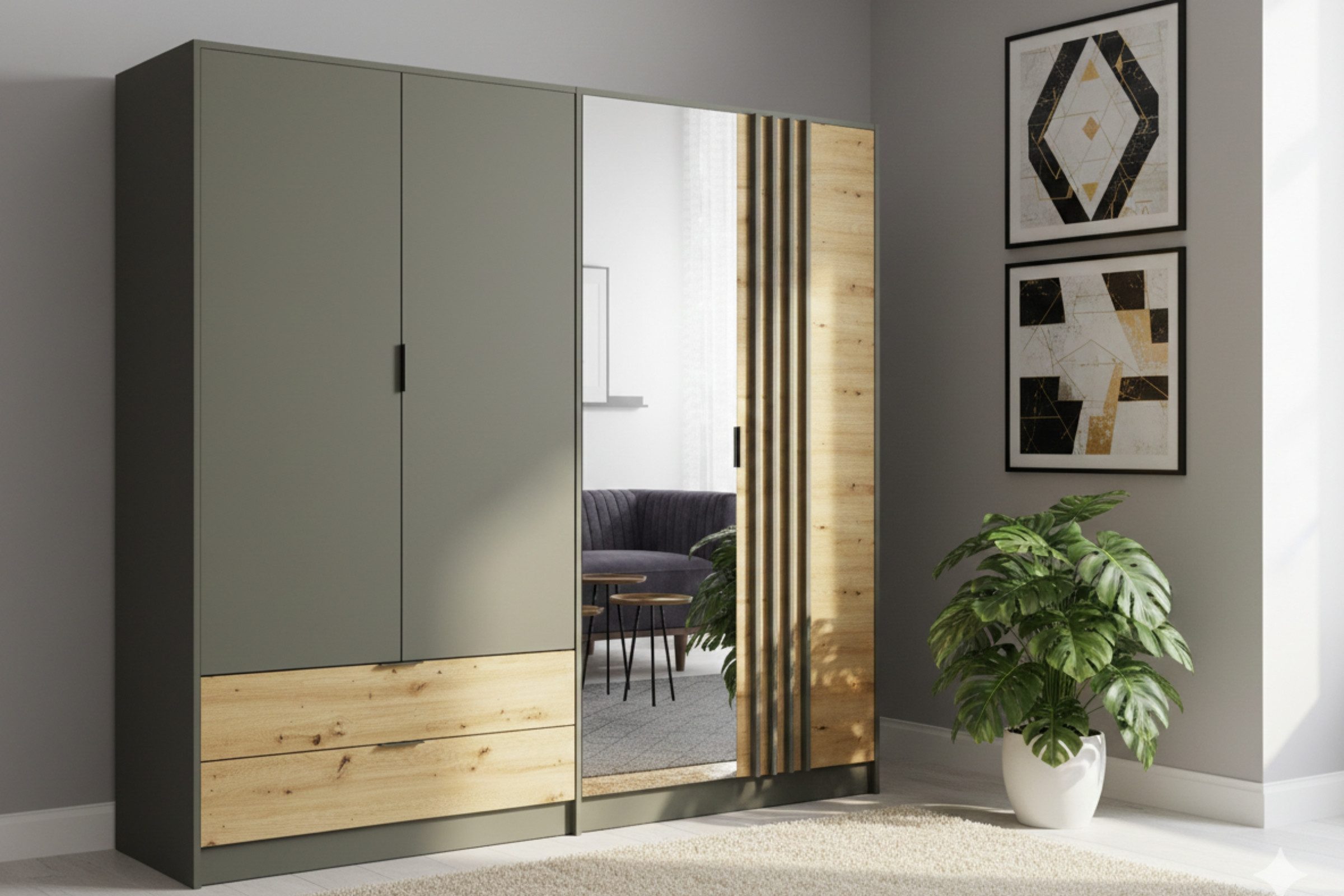 Deine Möbel 24 Kleiderschrank RON 220 cm – moderner 4-türiger Drehtürenschrank mit Spiegel (Set, 1-St., Schlafzimmer-Schrank in Graphit / Artisan Eiche mit viel Stauraum) inkl. Schubladen, 2 Kleiderstangen und Einlegeböden