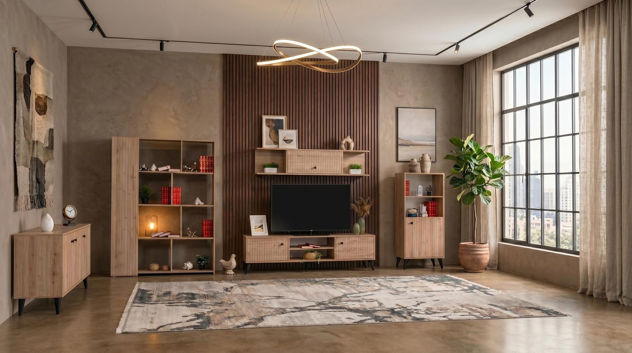 Xlmoebel Wohnzimmer-Set Luxuriöses braunes Wohnzimmer-Set TV-Möbel Vitrine Konsole Bücherregal, (5-St., 5-tlg)