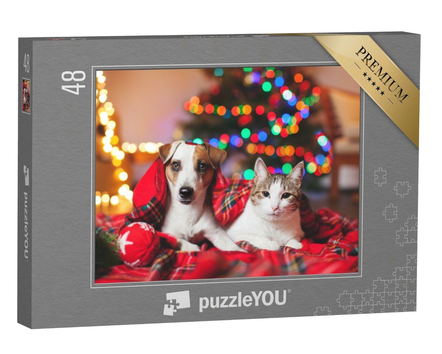puzzleYOU Puzzle Katze und Hund unter einem Weihnachtsbaum, 48 Puzzleteile, puzzleYOU-Kollektionen Katzen-Puzzles