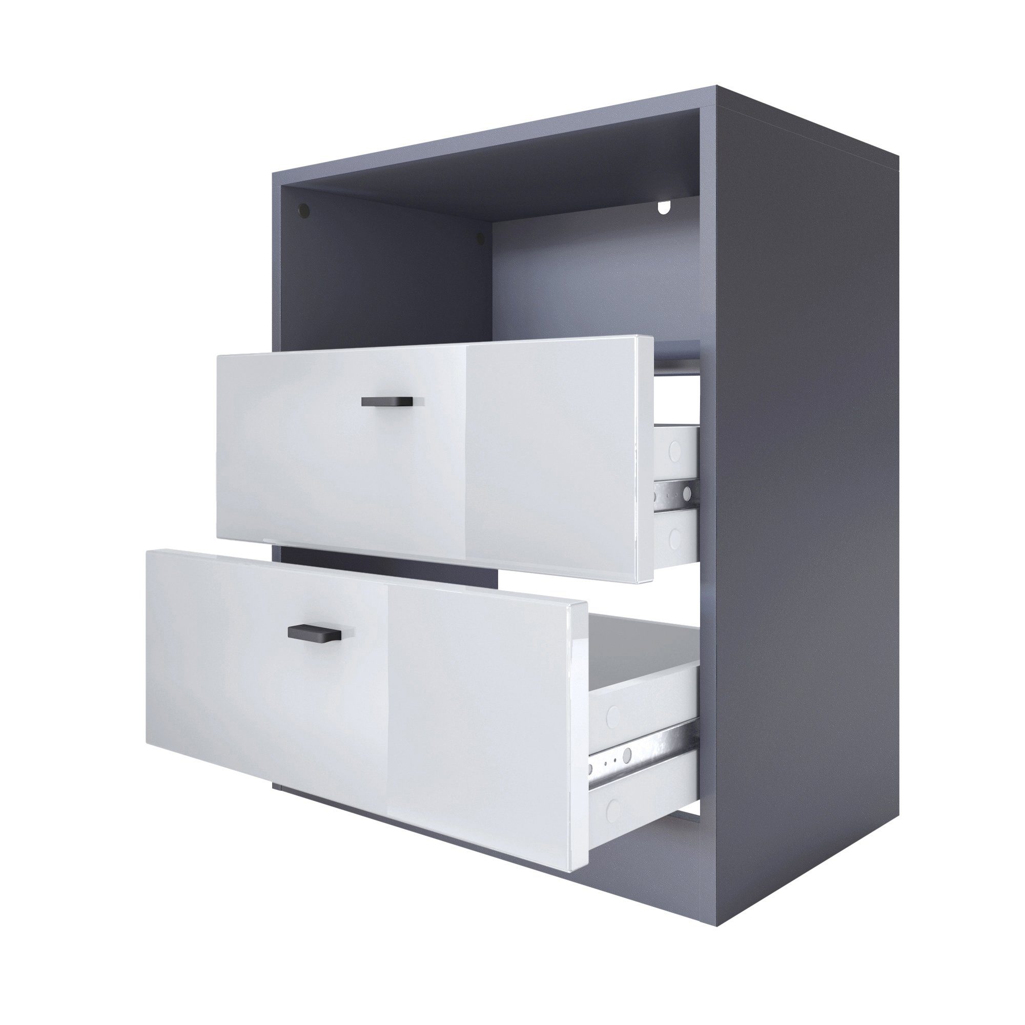 Vladon Kommode Pino V1 (Nachttisch, mit 2 Schubladen & 1 offenem Fach), Anthrazit matt/Weiß matt (56 x 67,5 x 36 cm)