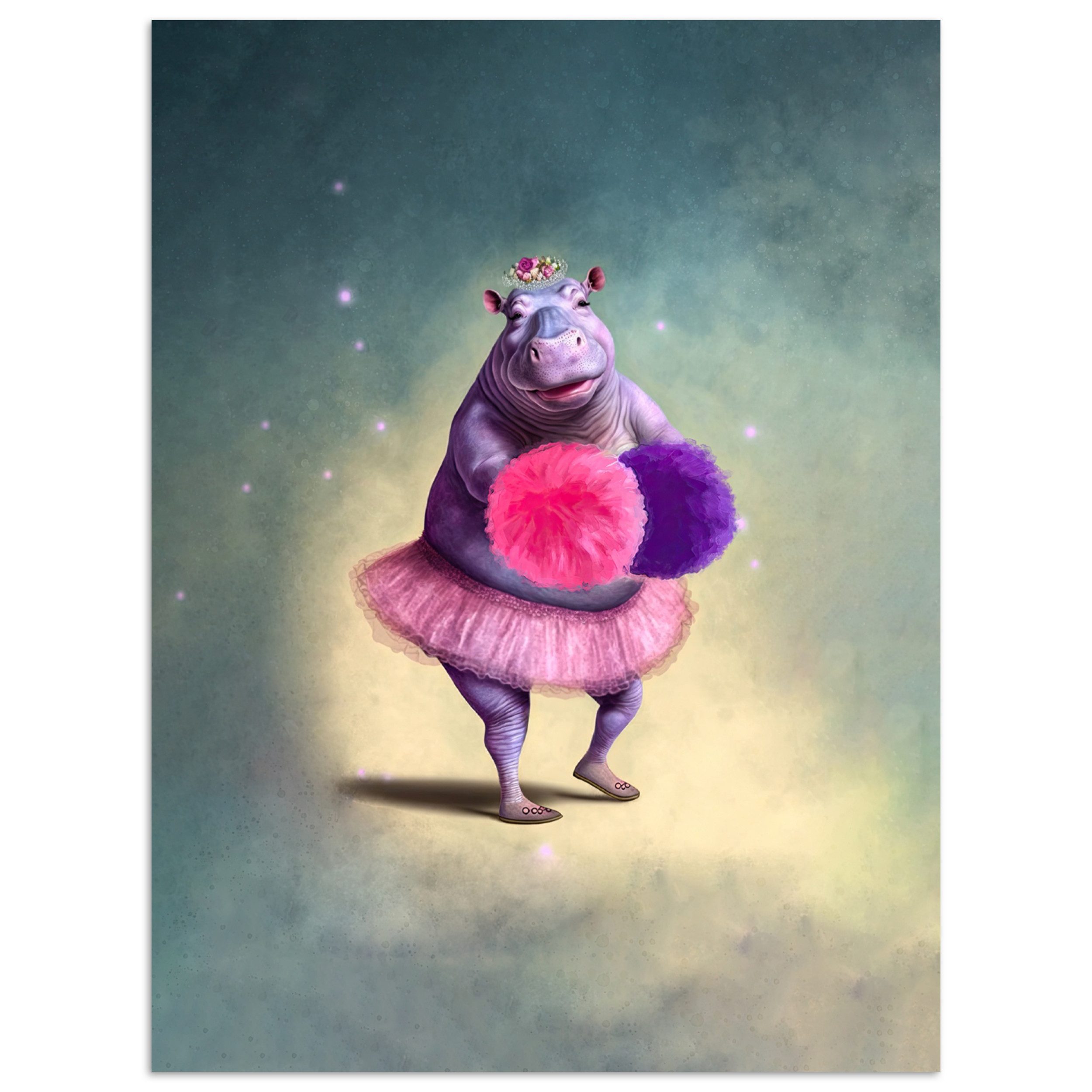 MuchoWow Poster Nilpferd - Blumen - Ballerina - Pompons - Porträt - Kinder, (1 St), Wandbild, Wohnzimmer Deko, Qualitätsdruck Dickes Papier, 90x120 cm